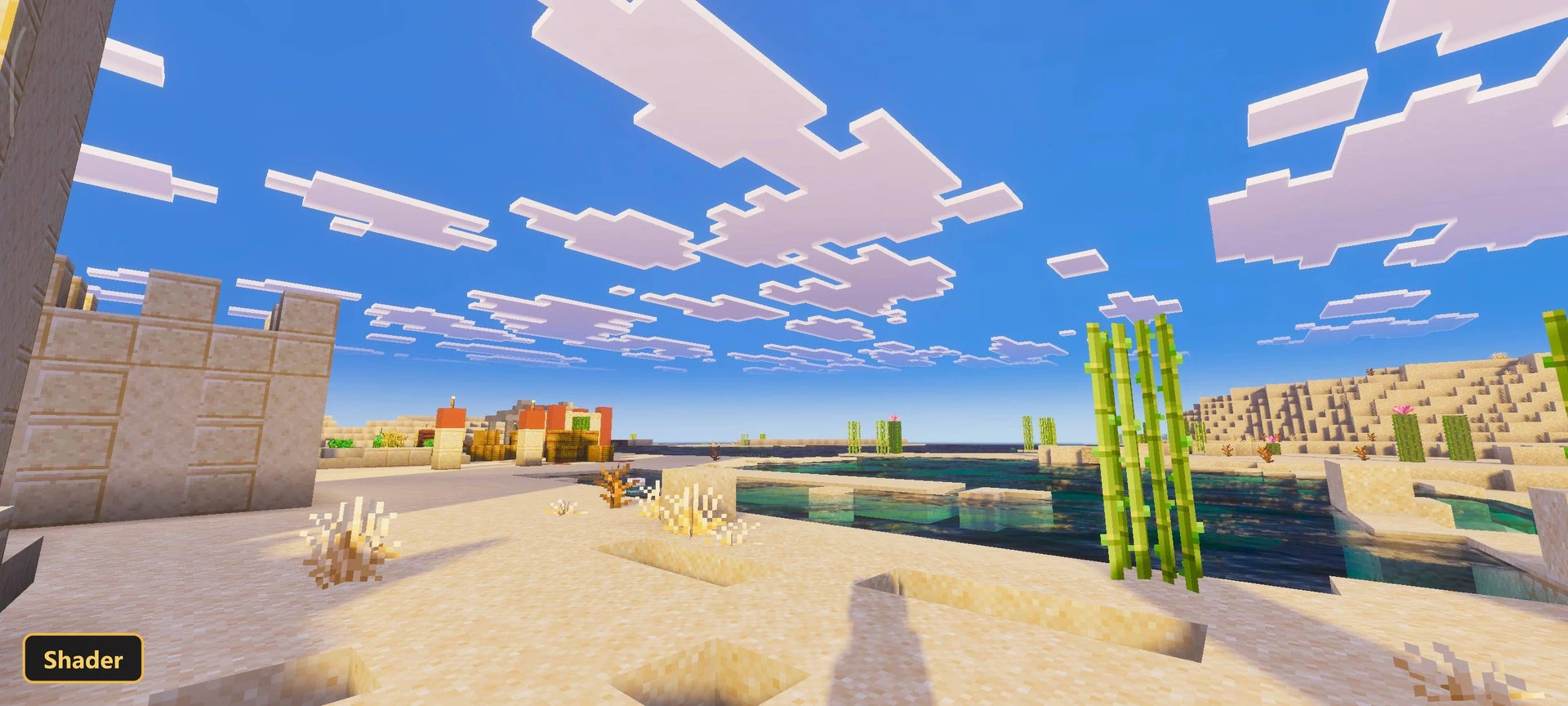 desert village, oasis, clear blue sky, bamboo