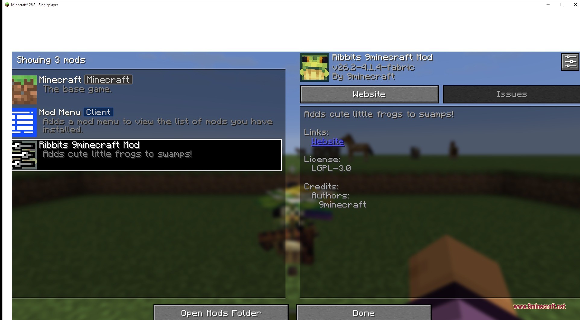 Ribbits 9minecraft Mod Screenshot 1 Minecraft mod menu interface showing the Ribbits mod details and description