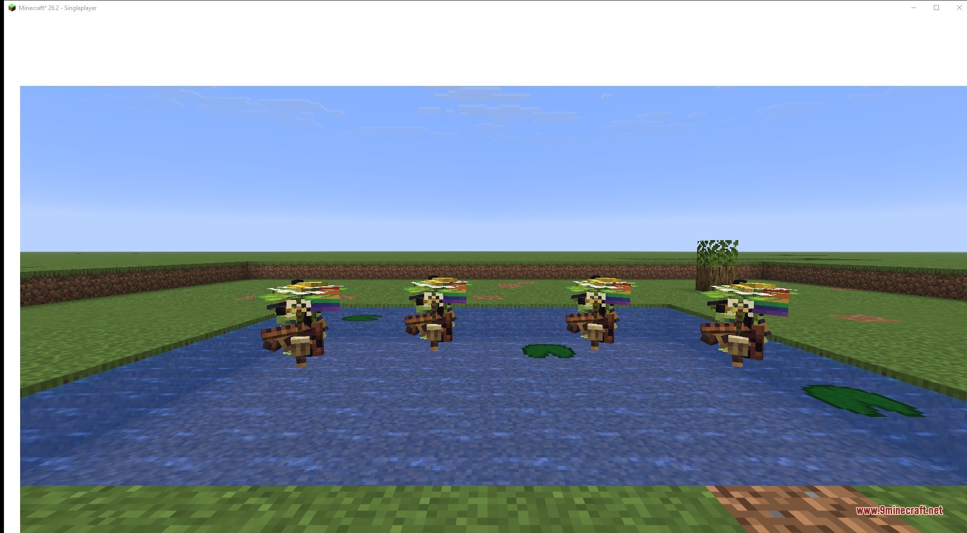Ribbits 9minecraft Mod Screenshot 2 Four cute frog villagers with plant hats standing in a swamp pond