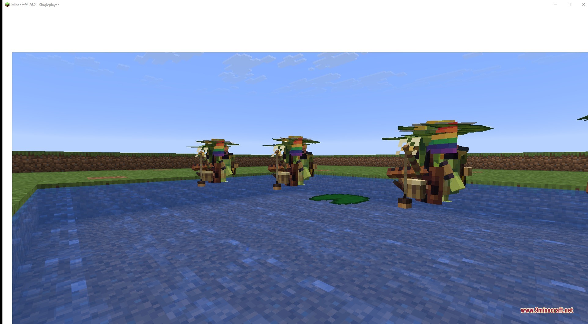 Ribbits 9minecraft Mod Screenshot 3 Three adorable Ribbit musicians wearing colorful hats playing instruments in a swamp pond