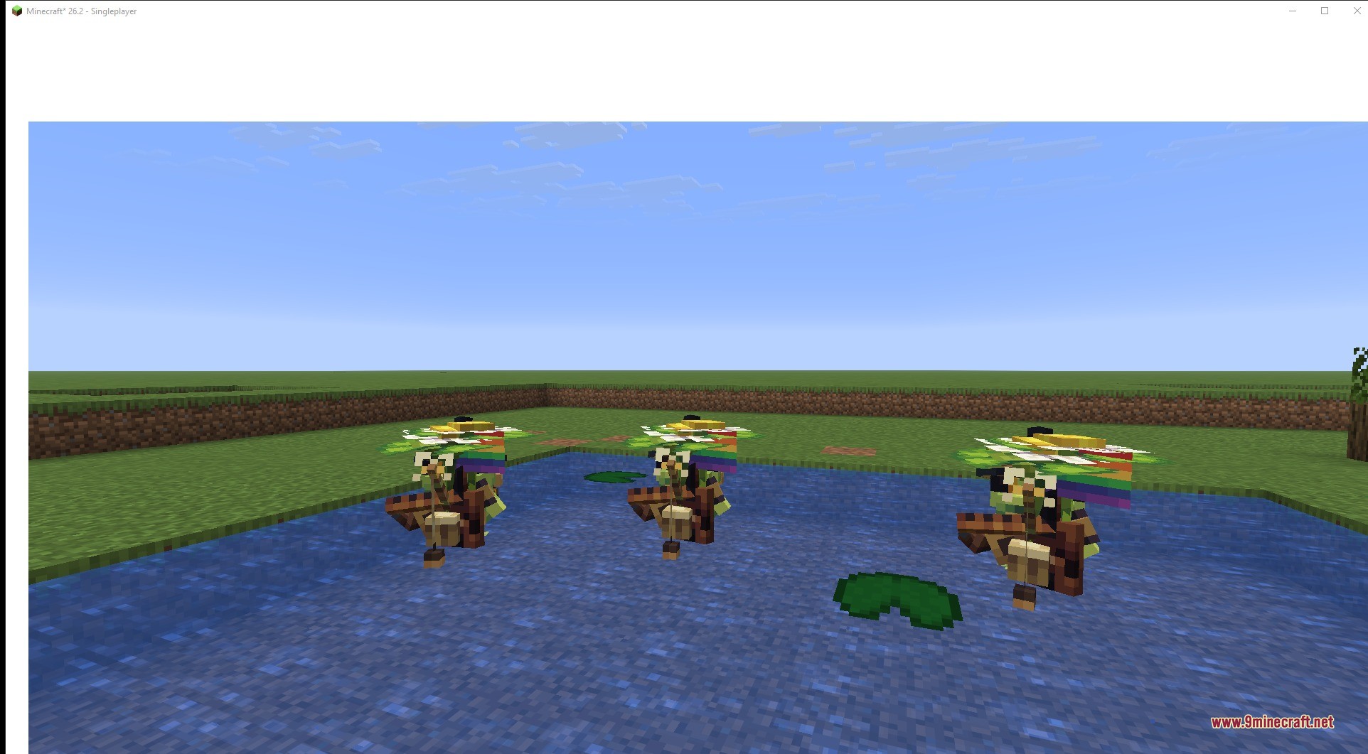 Ribbits 9minecraft Mod Screenshot 5 Three Ribbit frog villagers floating on a pond in a swamp biome