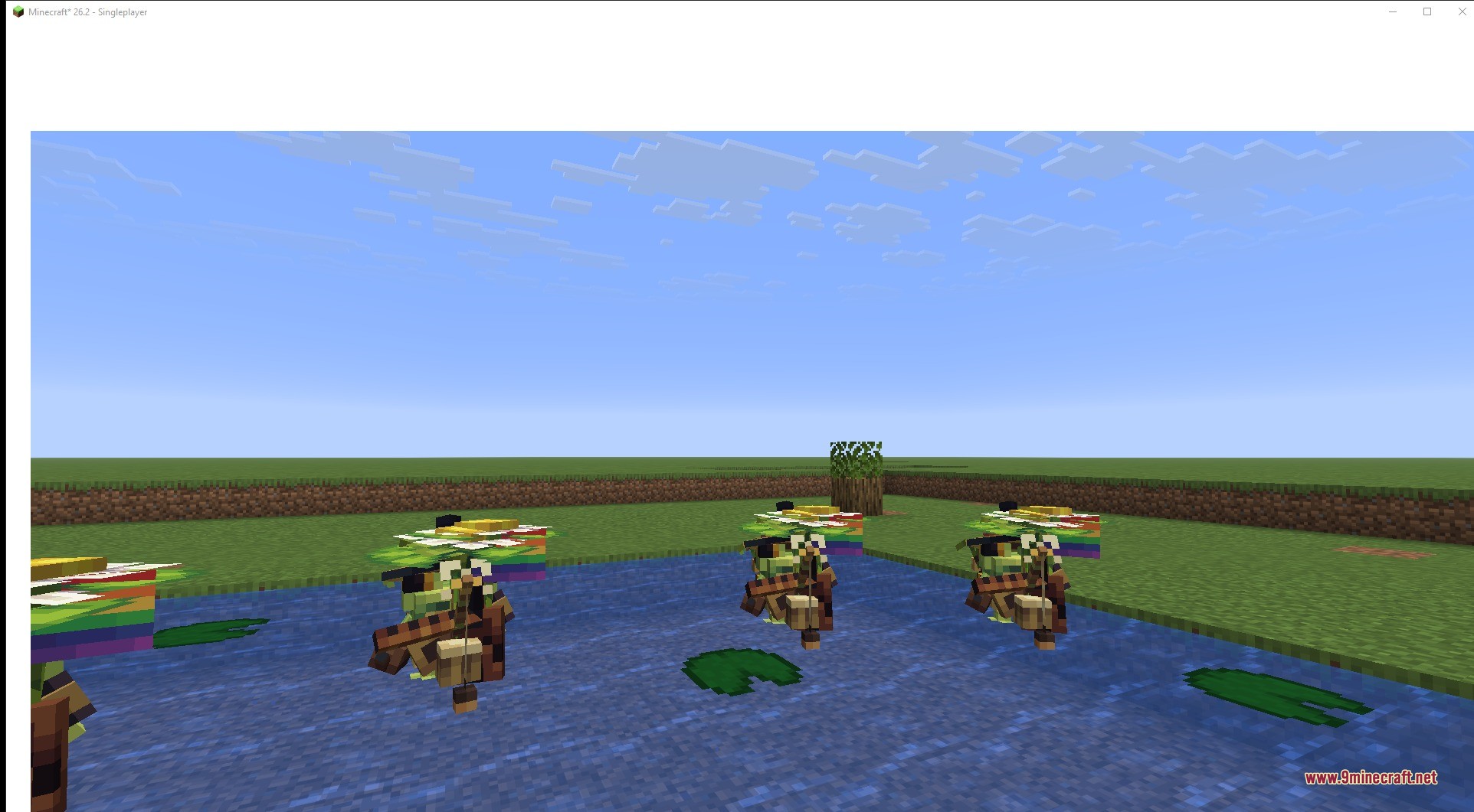 Ribbits 9minecraft Mod Screenshot 6 Cute frog villagers with colorful hats and a rainbow umbrella in water