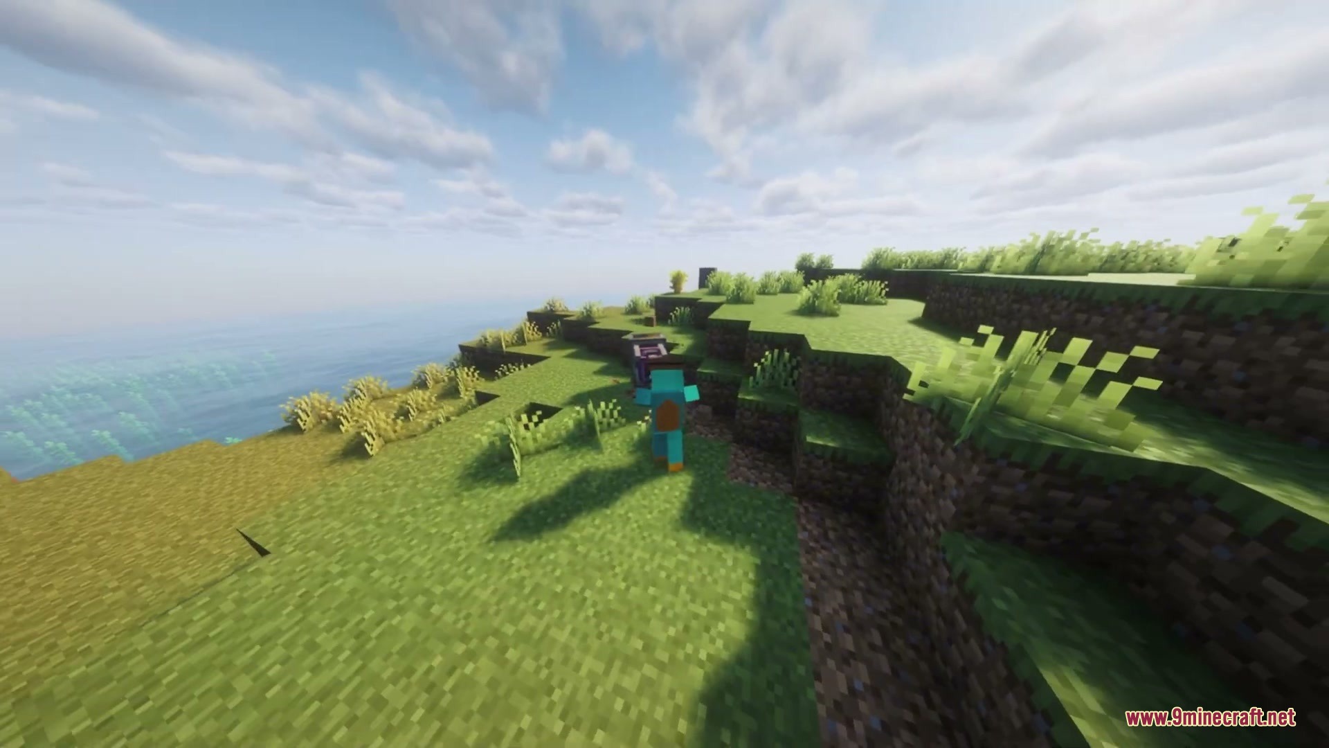 Rotational Surface Anchor Mod Screenshot 4 A player character stands near a mechanical block on a grassy hill overlook