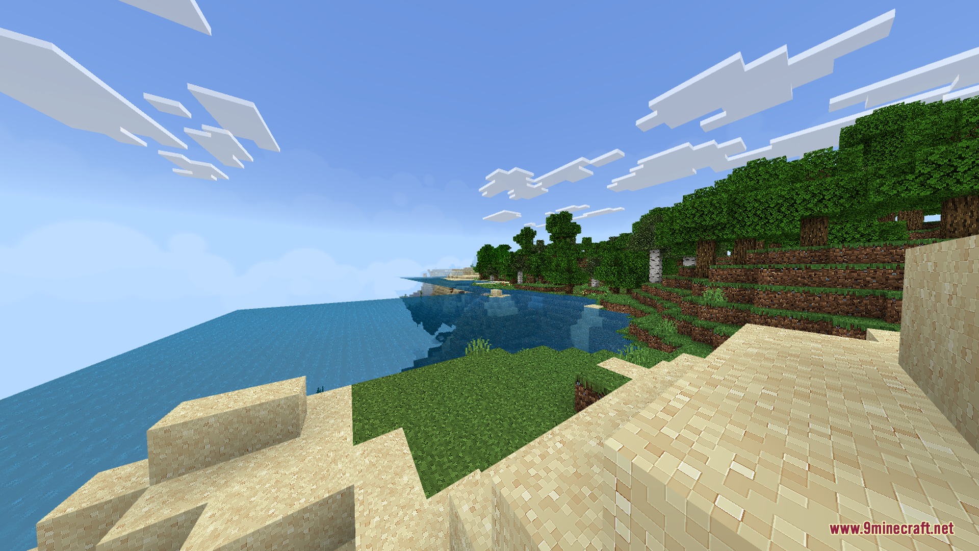 Smooth cartoony textures on a sandstone cliff overlooking a river and forest