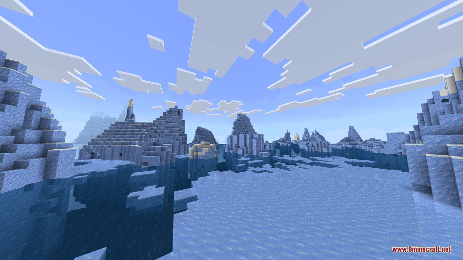 Frozen ocean biome featuring massive icebergs with smooth textures under a blue sky