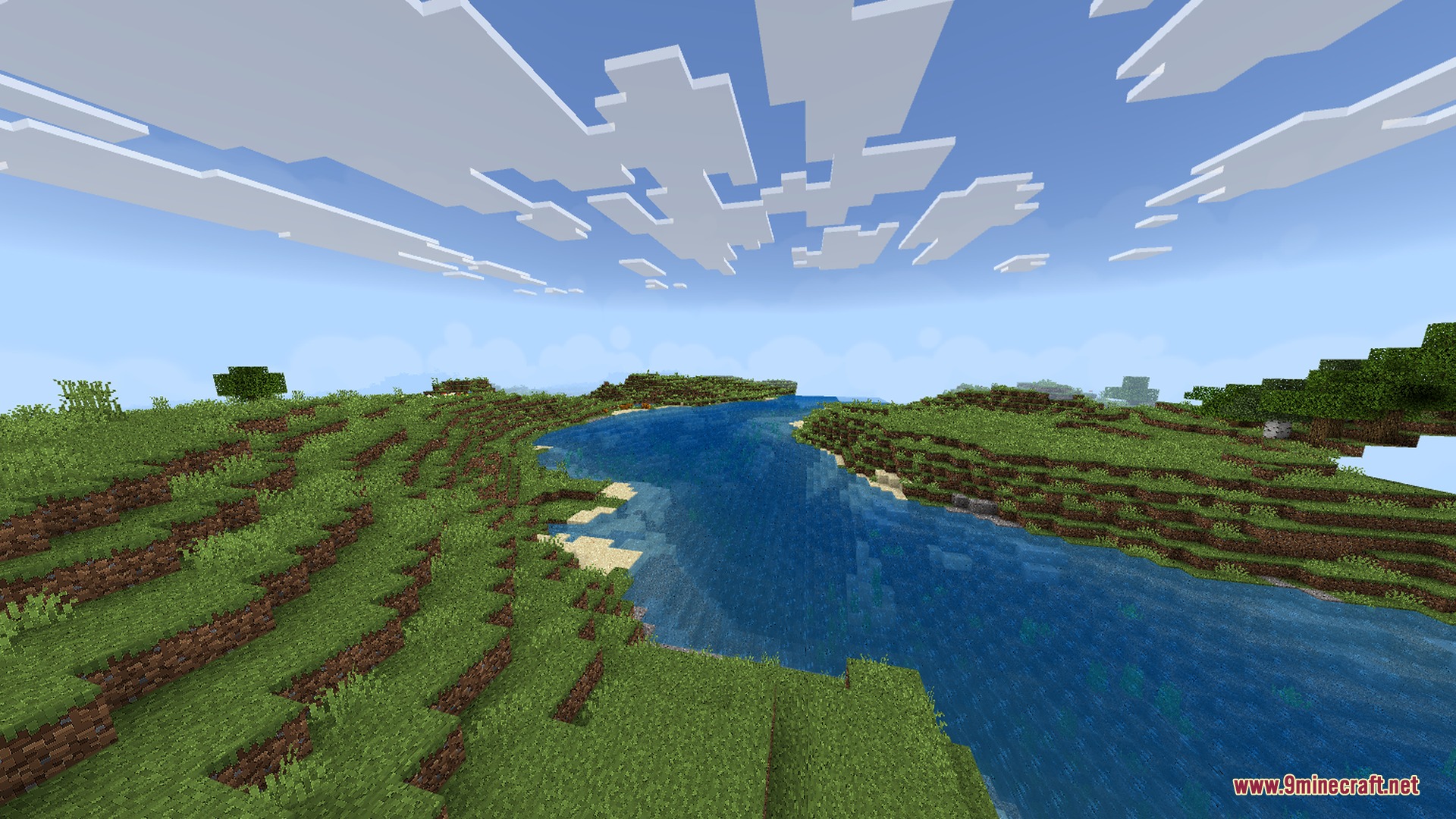 Vibrant green hills and a clear blue river with smooth cartoony textures