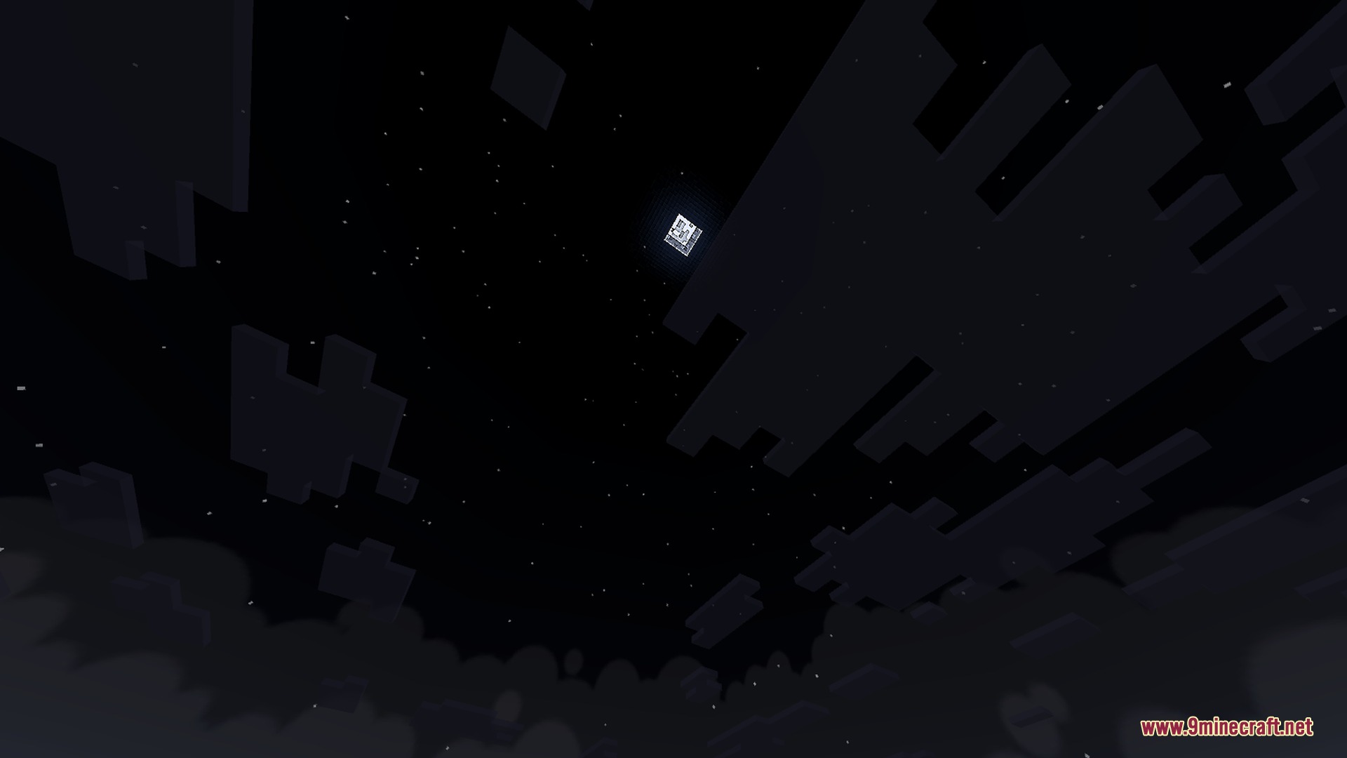 The square moon shines in the dark night sky with stylized clouds