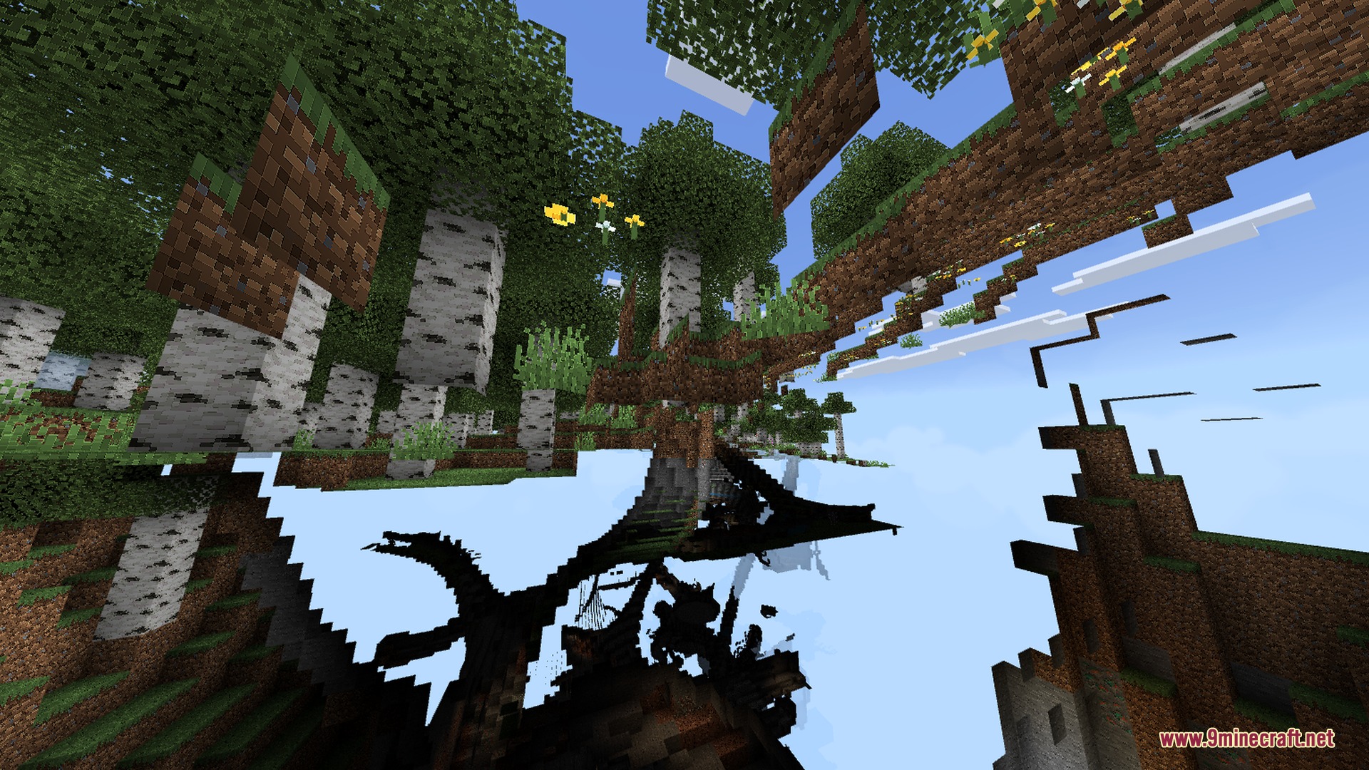 A distorted birch forest landscape with floating blocks and a glitched view