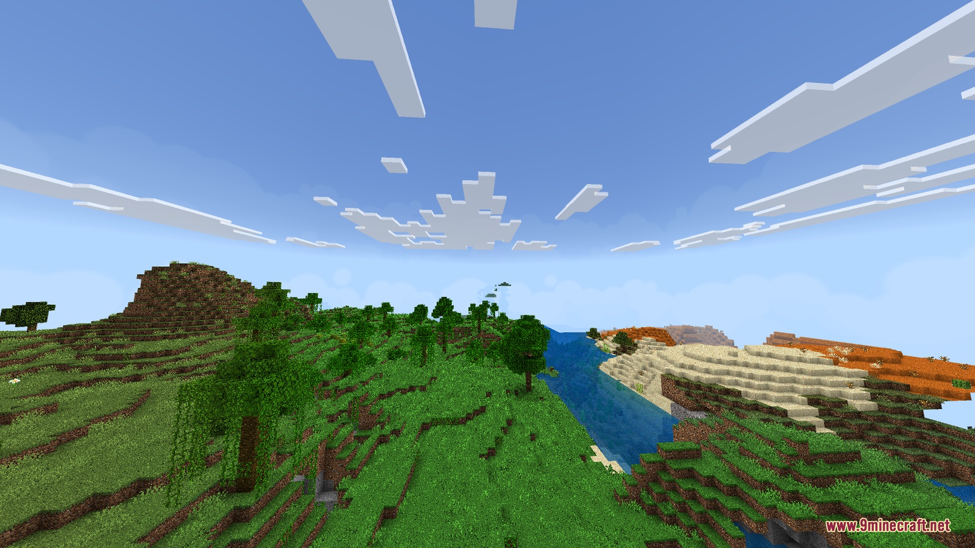 Sapixcraft Bedrock showcases vibrant biomes with clean textures and a bright blue sky