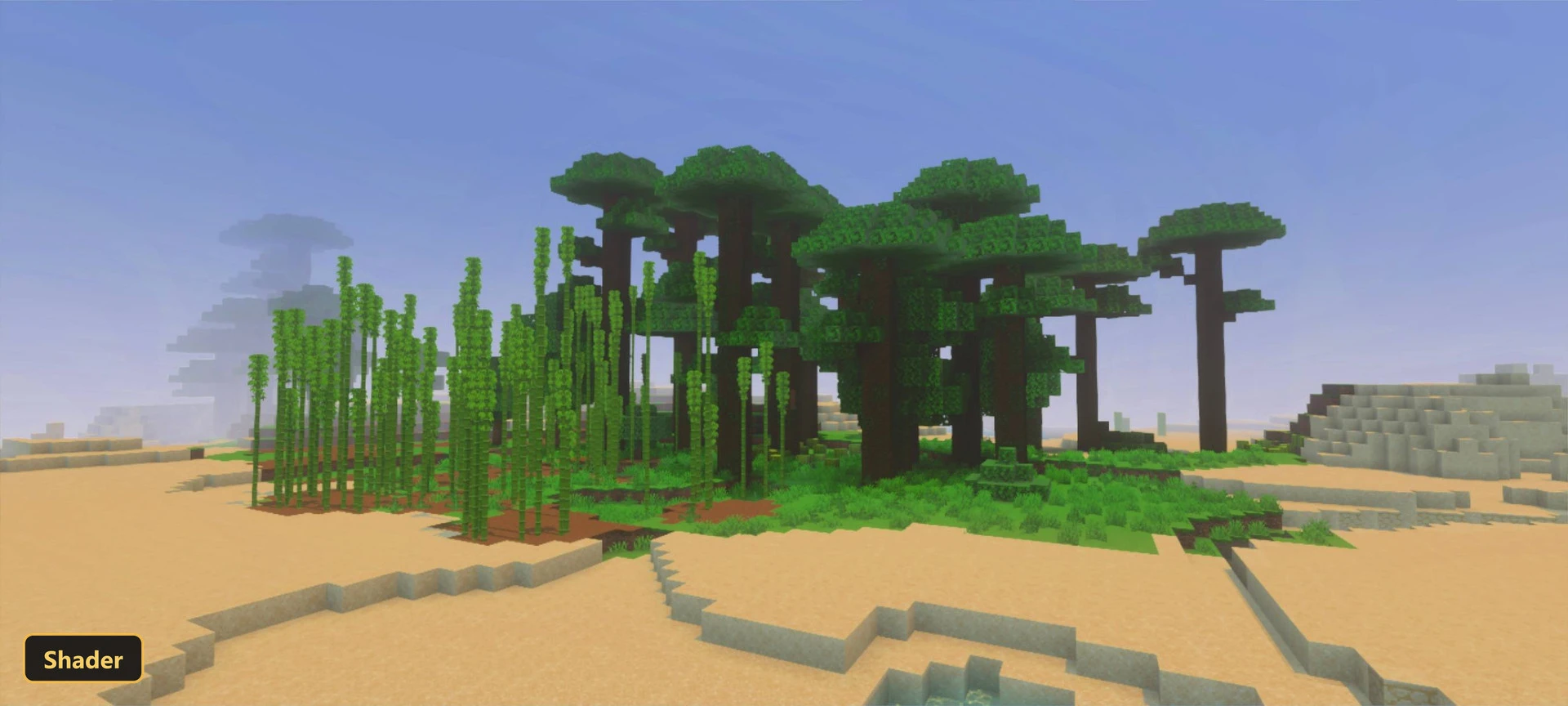 desert oasis with tall bamboo and large trees under a clear sky