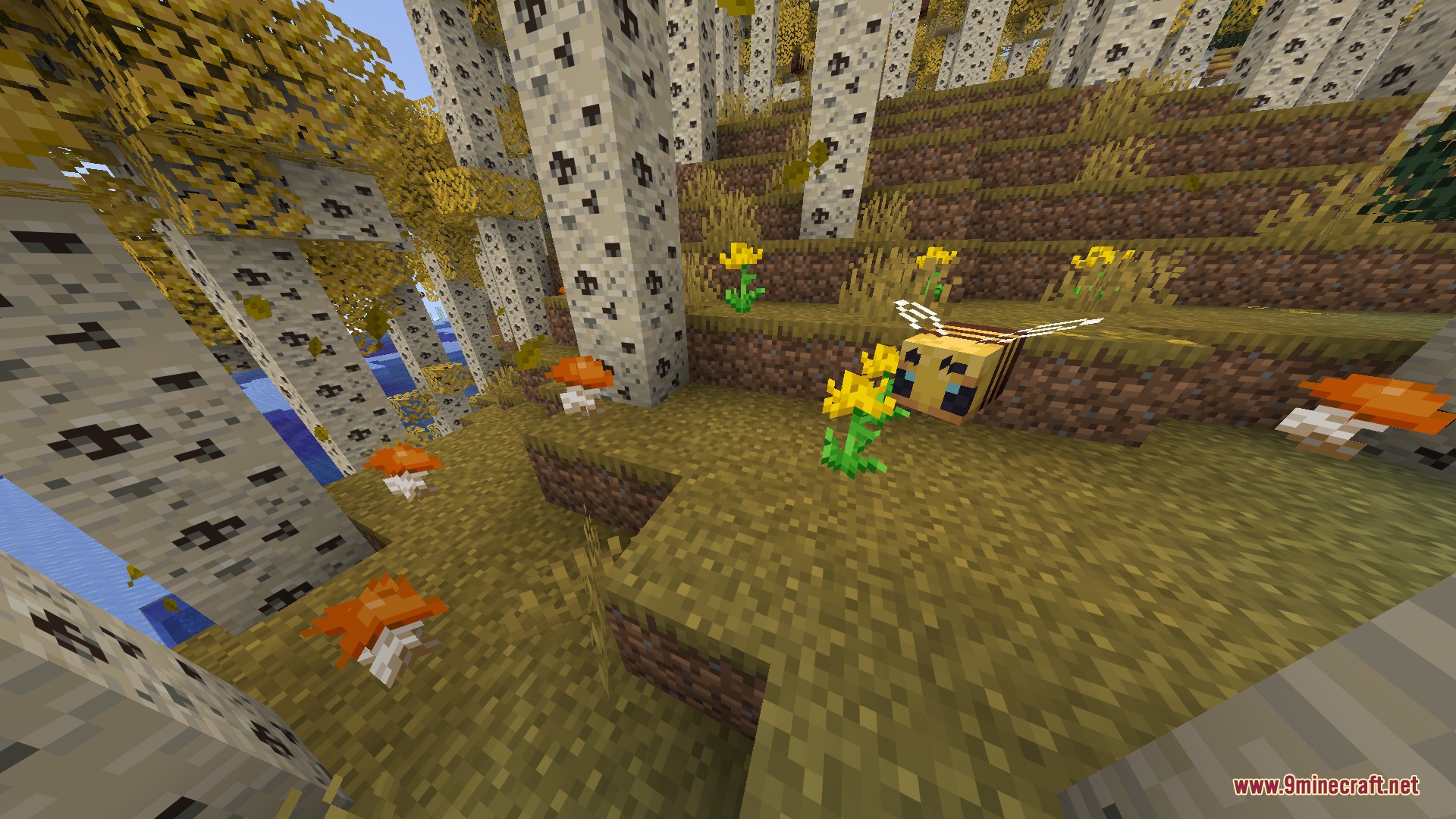 Saffron Timber Heights Mod Screenshot 1 A bee hovers near a Honeyflower and orange mushrooms in the forest