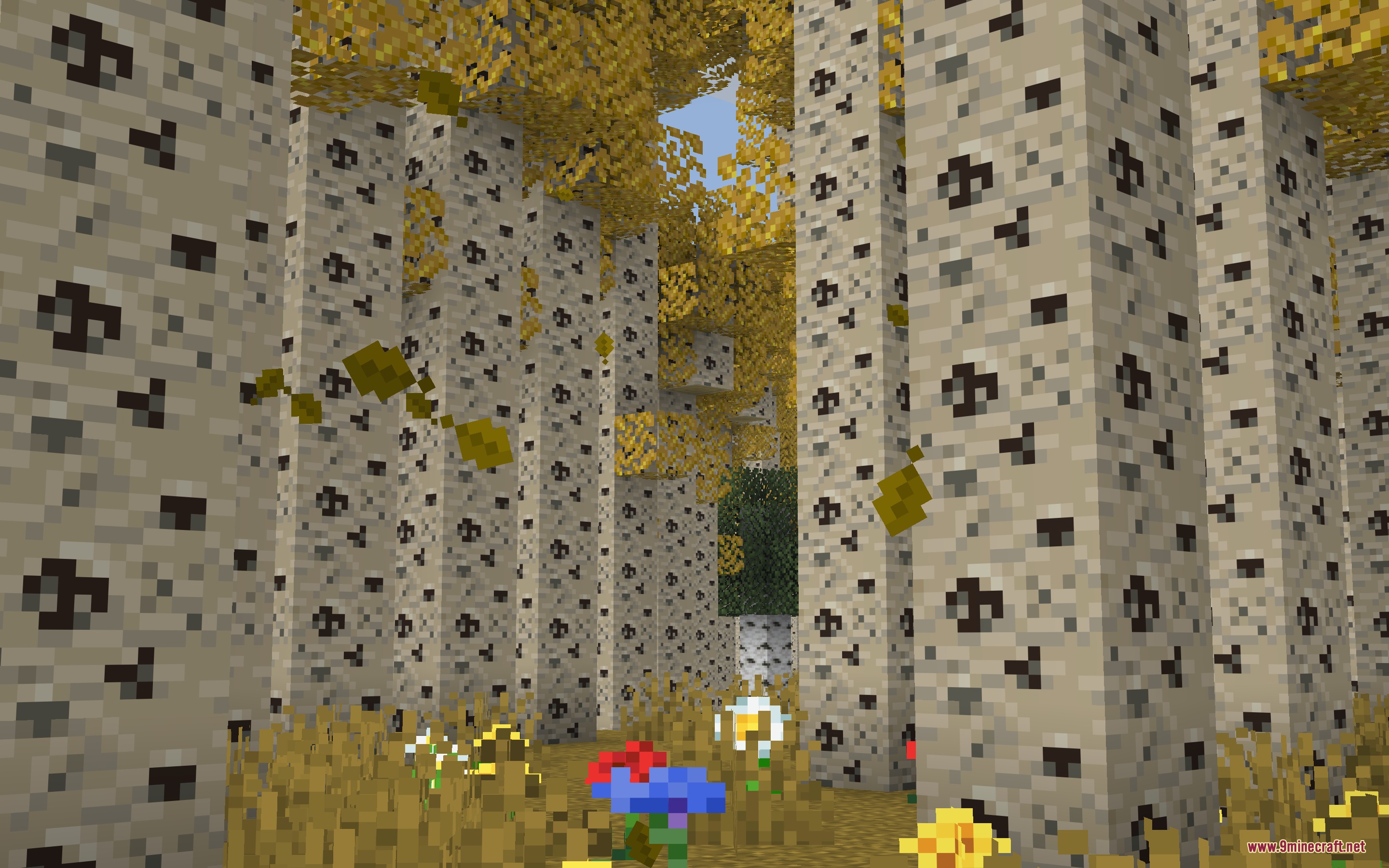 Saffron Timber Heights Mod Screenshot 2 Dense golden aspen trees create a peaceful forest environment with colorful flowers