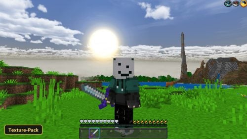 player with sword in grassy field, bright sun, distant mountains