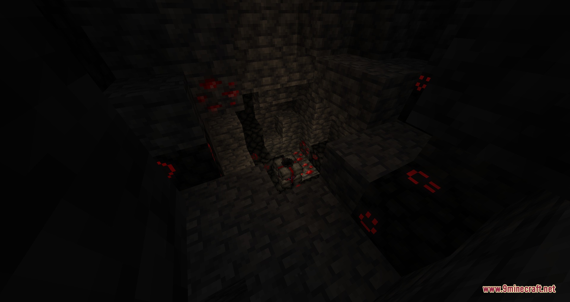 Mysterious red glowing blocks illuminate a dark stone chamber hidden deep underground