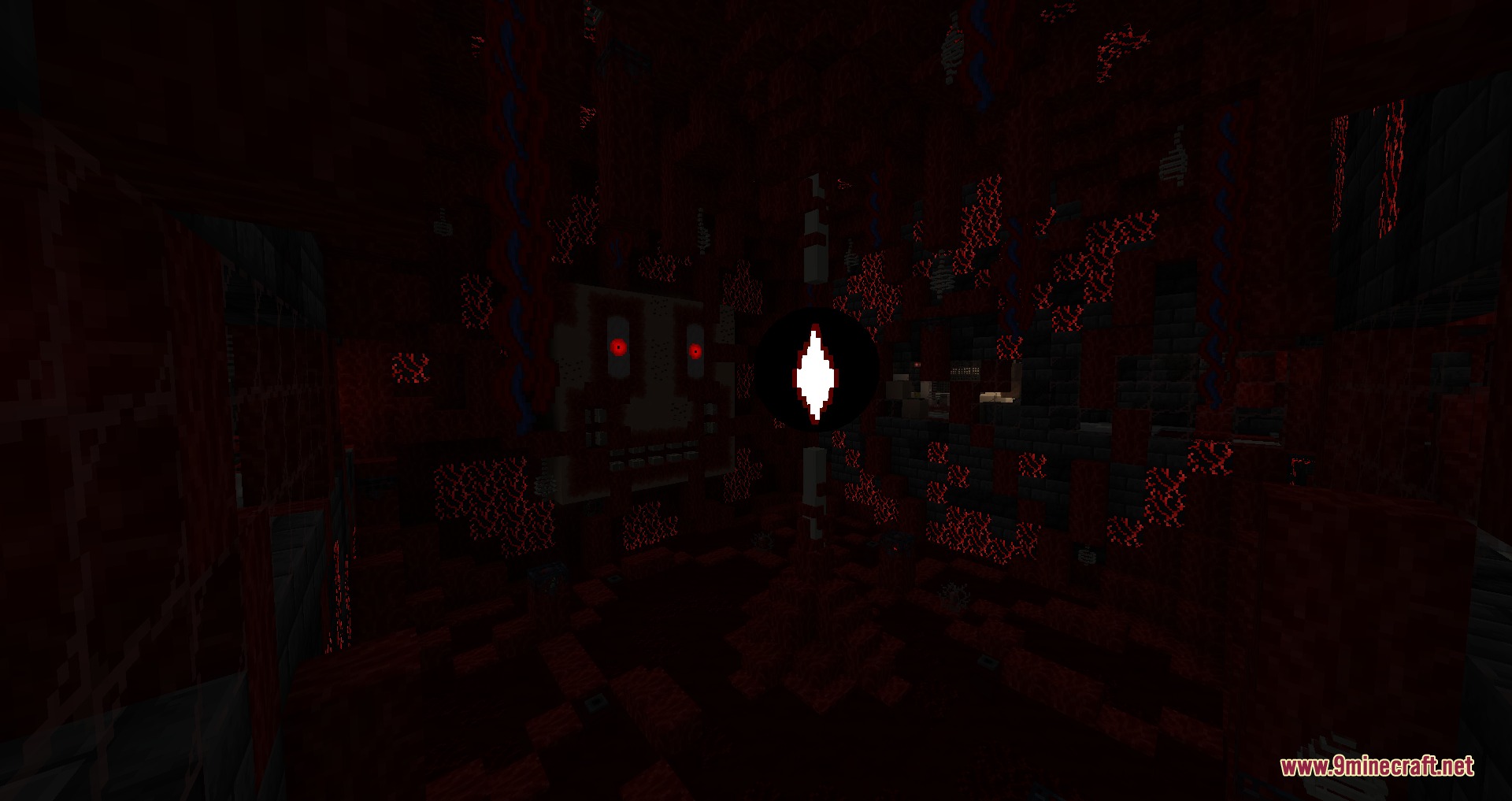 A glowing white eye floats in a dark room with red fleshy walls