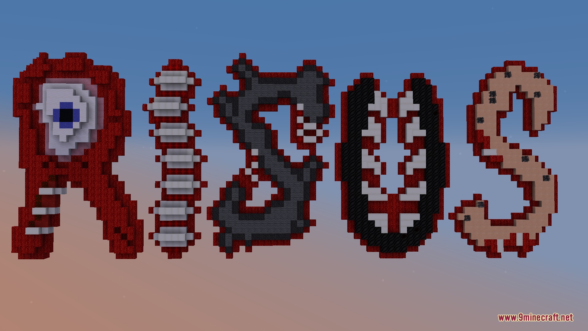 Large text spelling RISOS made from fleshy blocks with eyes and teeth