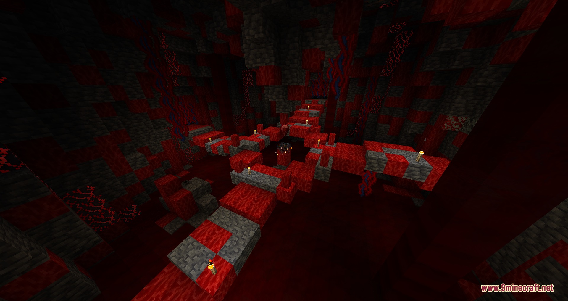 A dark underground chamber filled with red fleshy blocks and stone pathways
