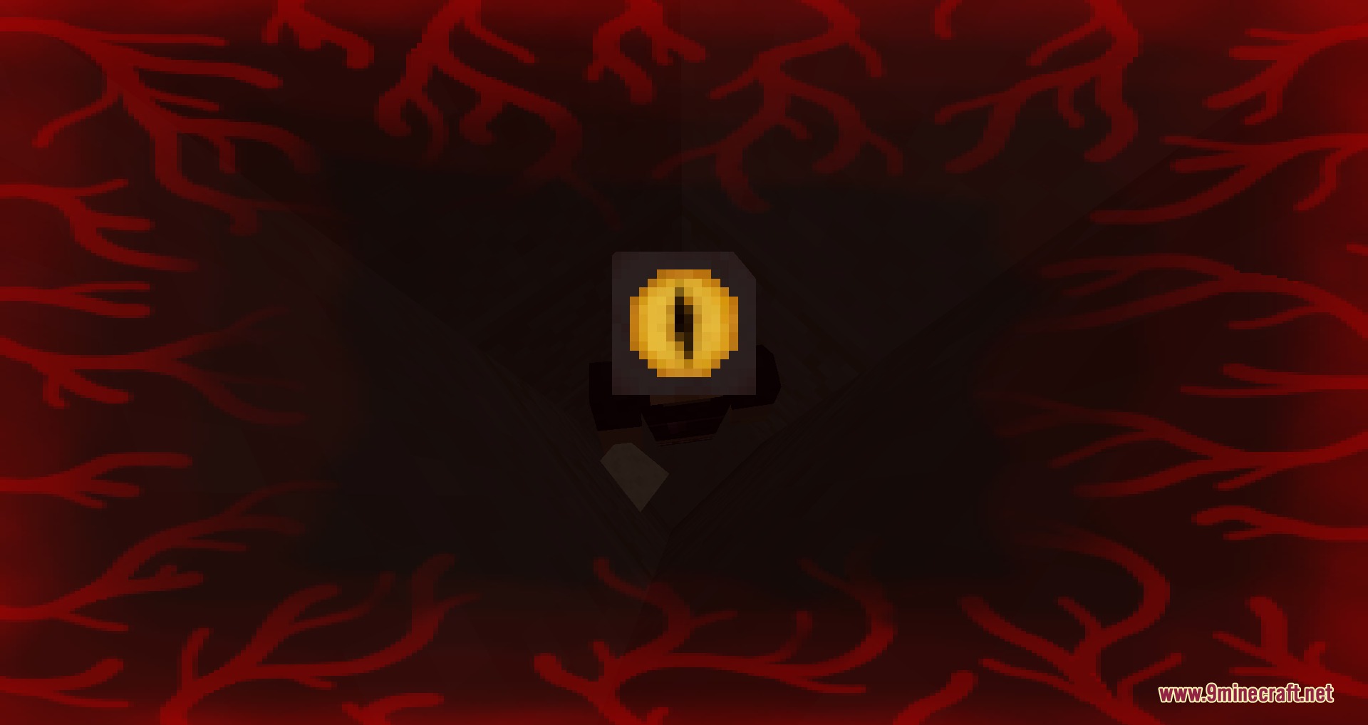A glowing yellow eye block centered on a dark red fleshy background