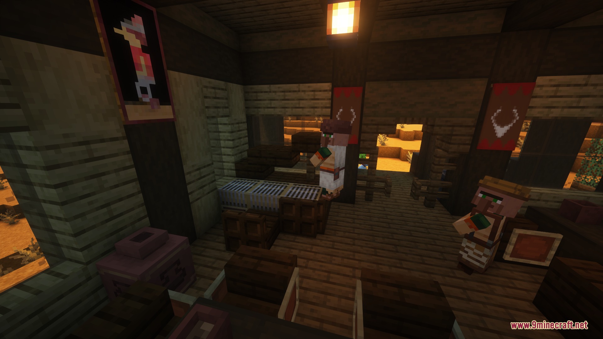 Villagers standing near a bar counter inside the Sarsaparilla Gulch Outpost