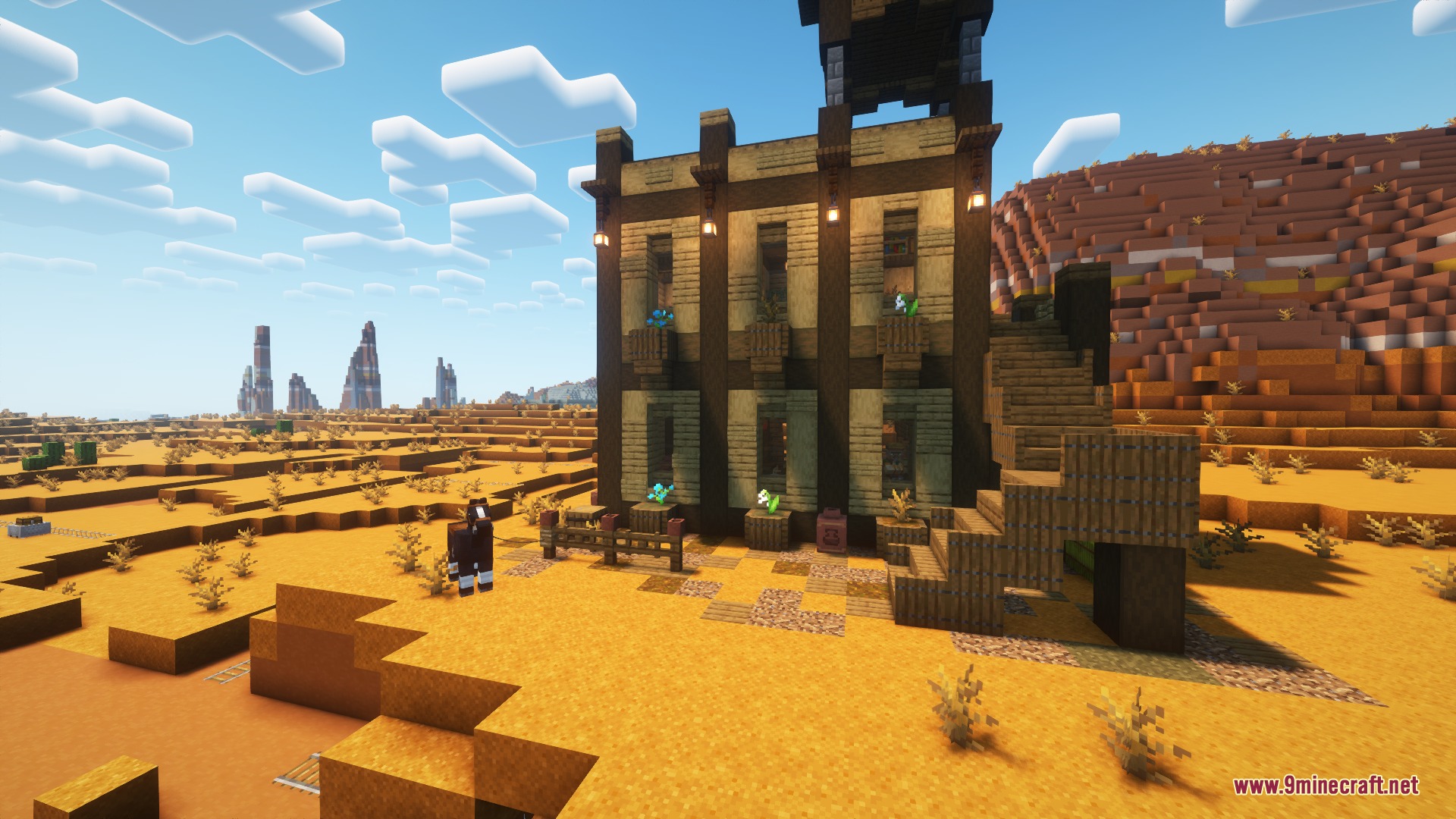 Front exterior view of a wooden Wild West saloon in the Badlands