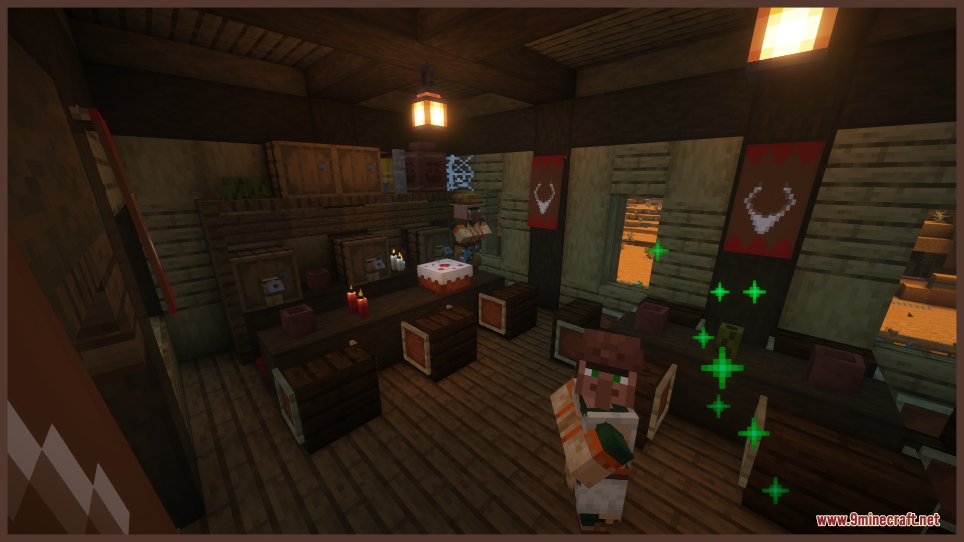 Villagers standing near a bar counter with cake and wooden barrels