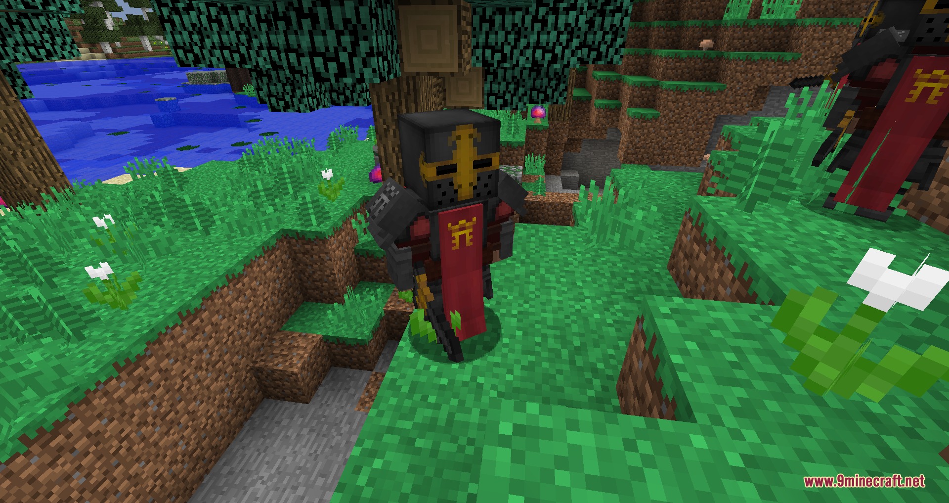 Scarlet Eldritch Rites Mod Screenshot 1 A player wearing the Crimson Praetor armor set standing in a forest