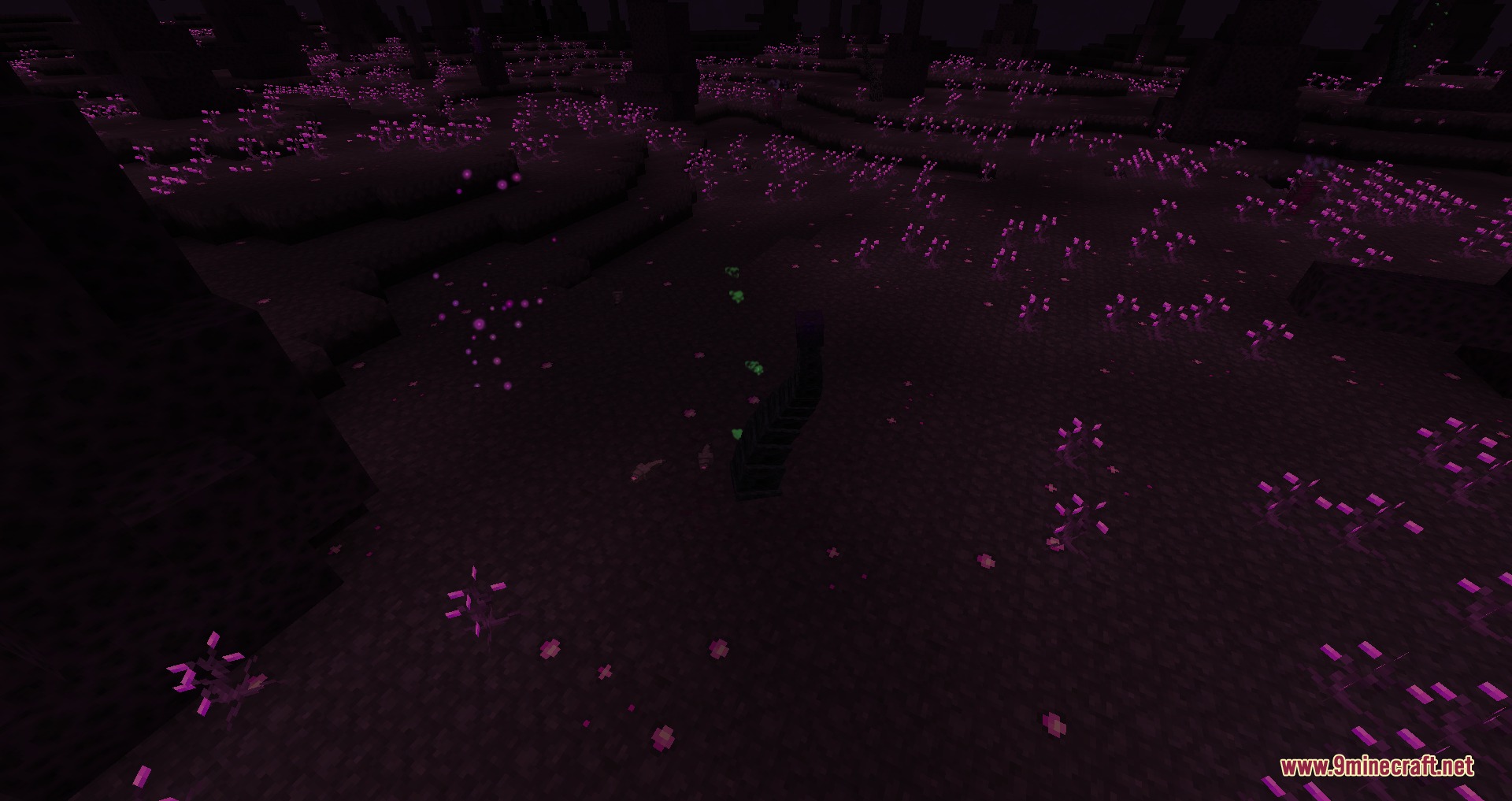 Scarlet Eldritch Rites Mod Screenshot 2 Mysterious dark biome with many glowing pink and purple plants on the ground