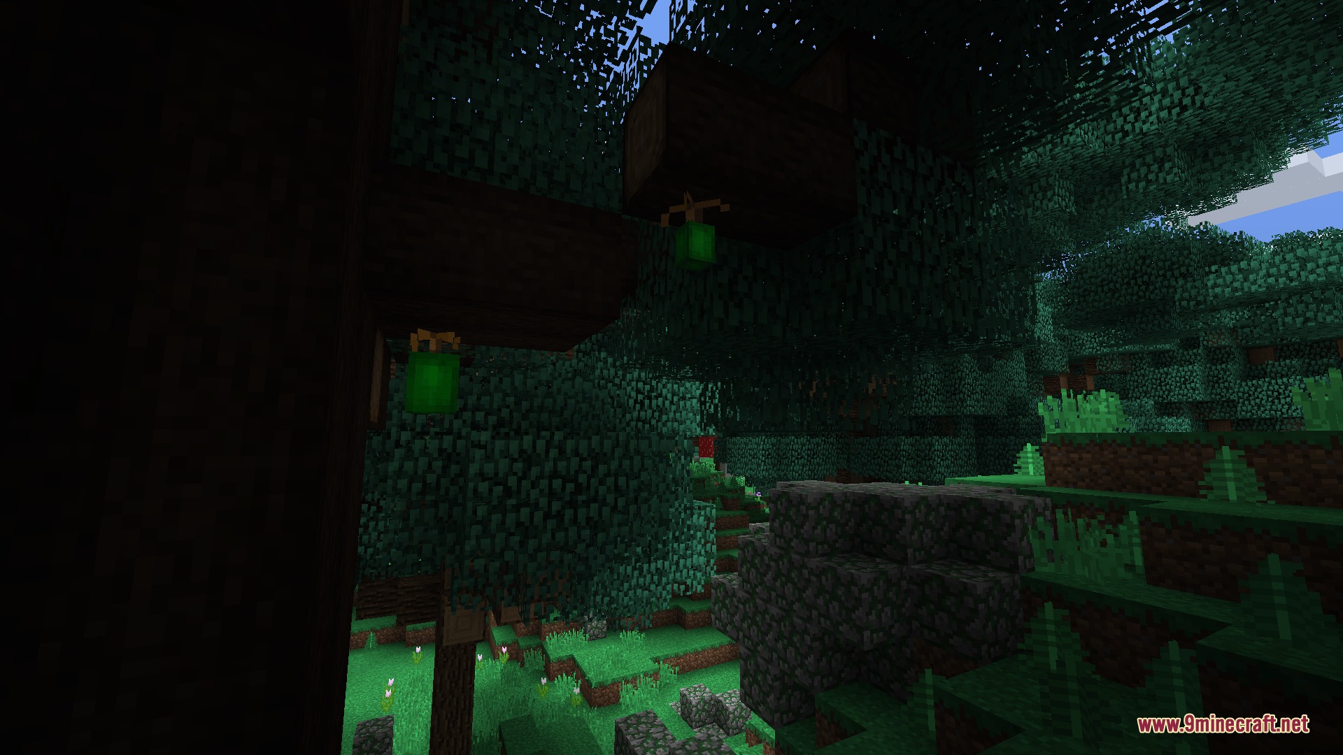 Scarlet Eldritch Rites Mod Screenshot 3 Green mana beans hanging from dark tree branches in a dense forest