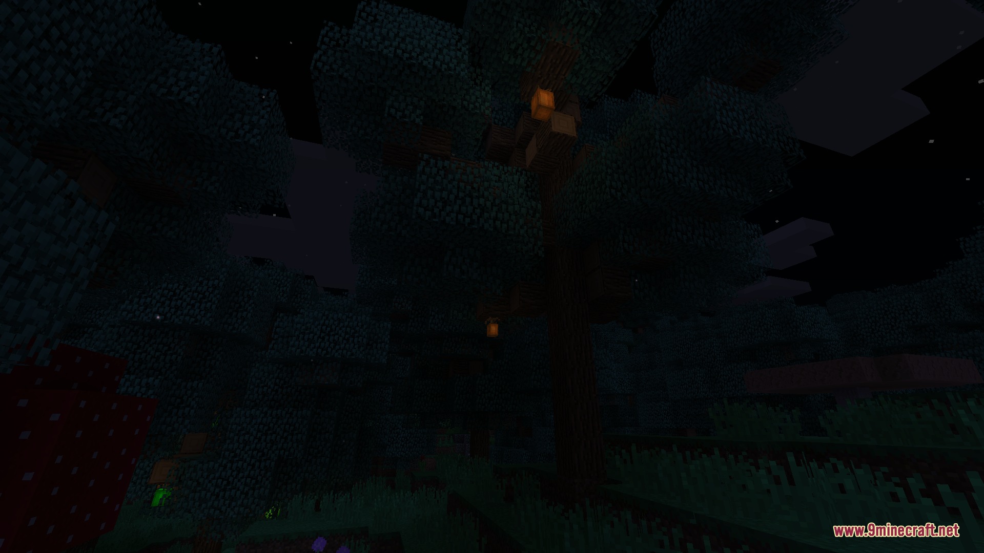 Scarlet Eldritch Rites Mod Screenshot 4 Glowing orange mana beans hanging from a large tree under the night sky