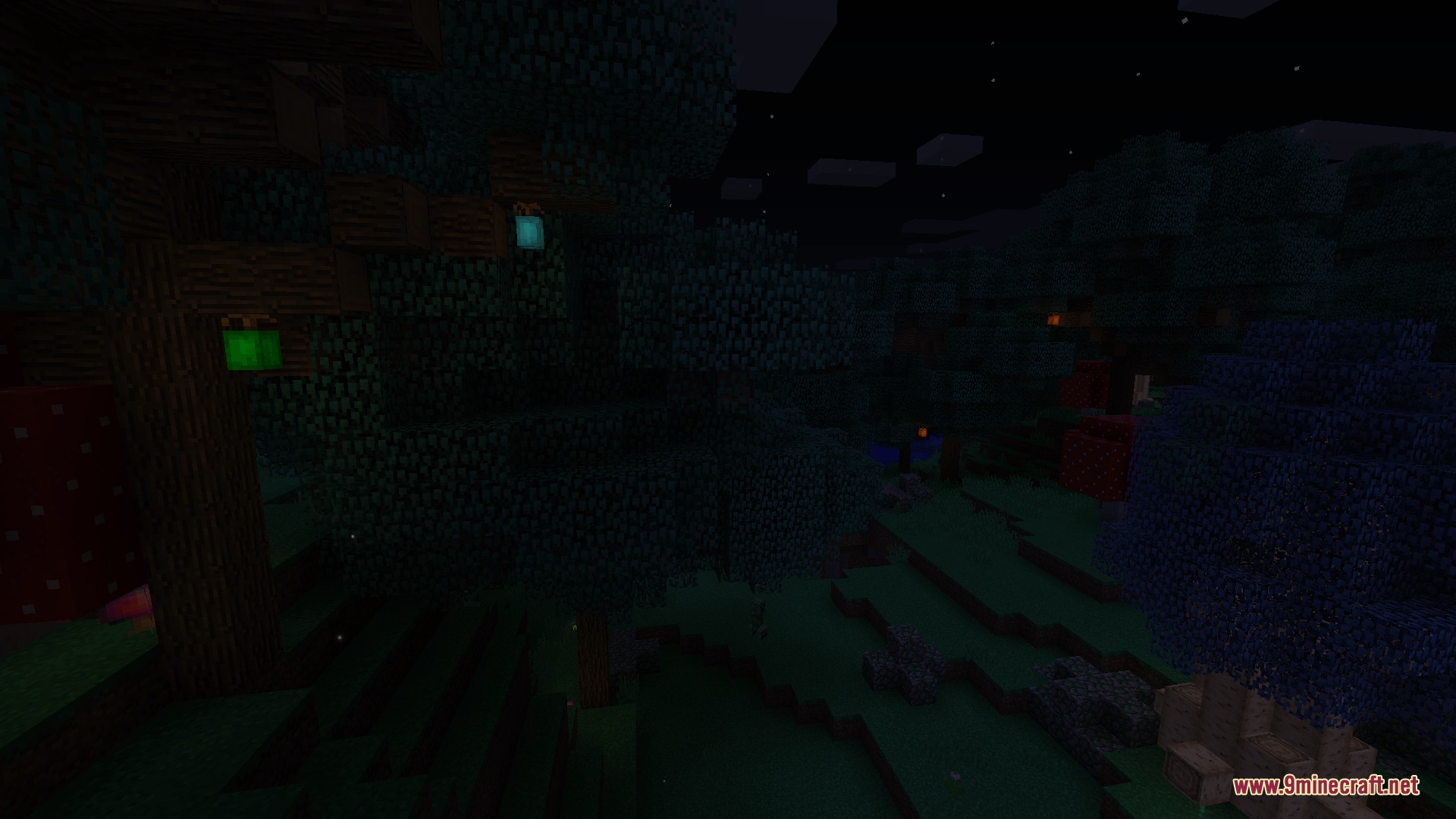 Scarlet Eldritch Rites Mod Screenshot 5 Glowing lanterns illuminate a dark forest biome under the night sky
