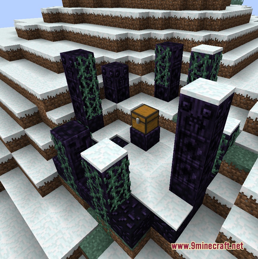 Scarlet Eldritch Rites Mod Screenshot 7 An eldritch totem structure with a loot chest in a snowy biome