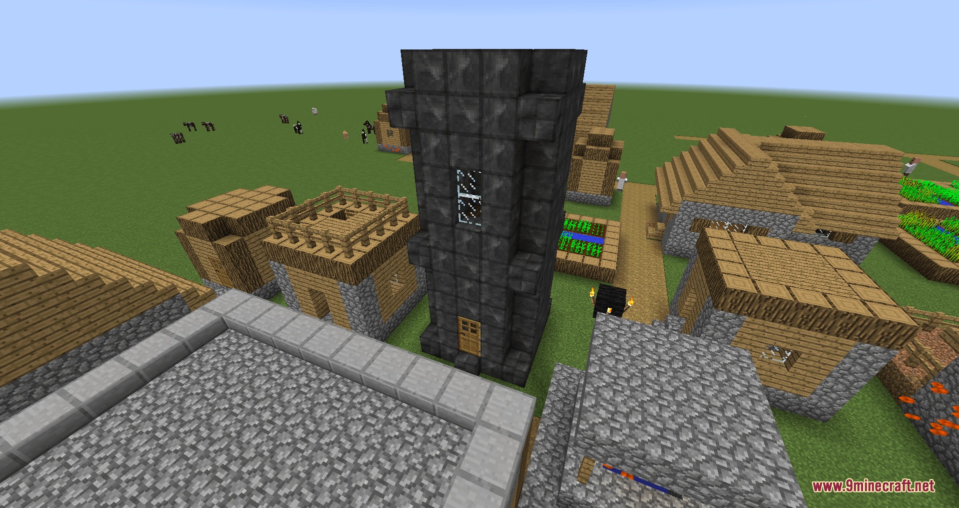 Scarlet Eldritch Rites Mod Screenshot 8 A tall dark tower structure generated in the center of a village