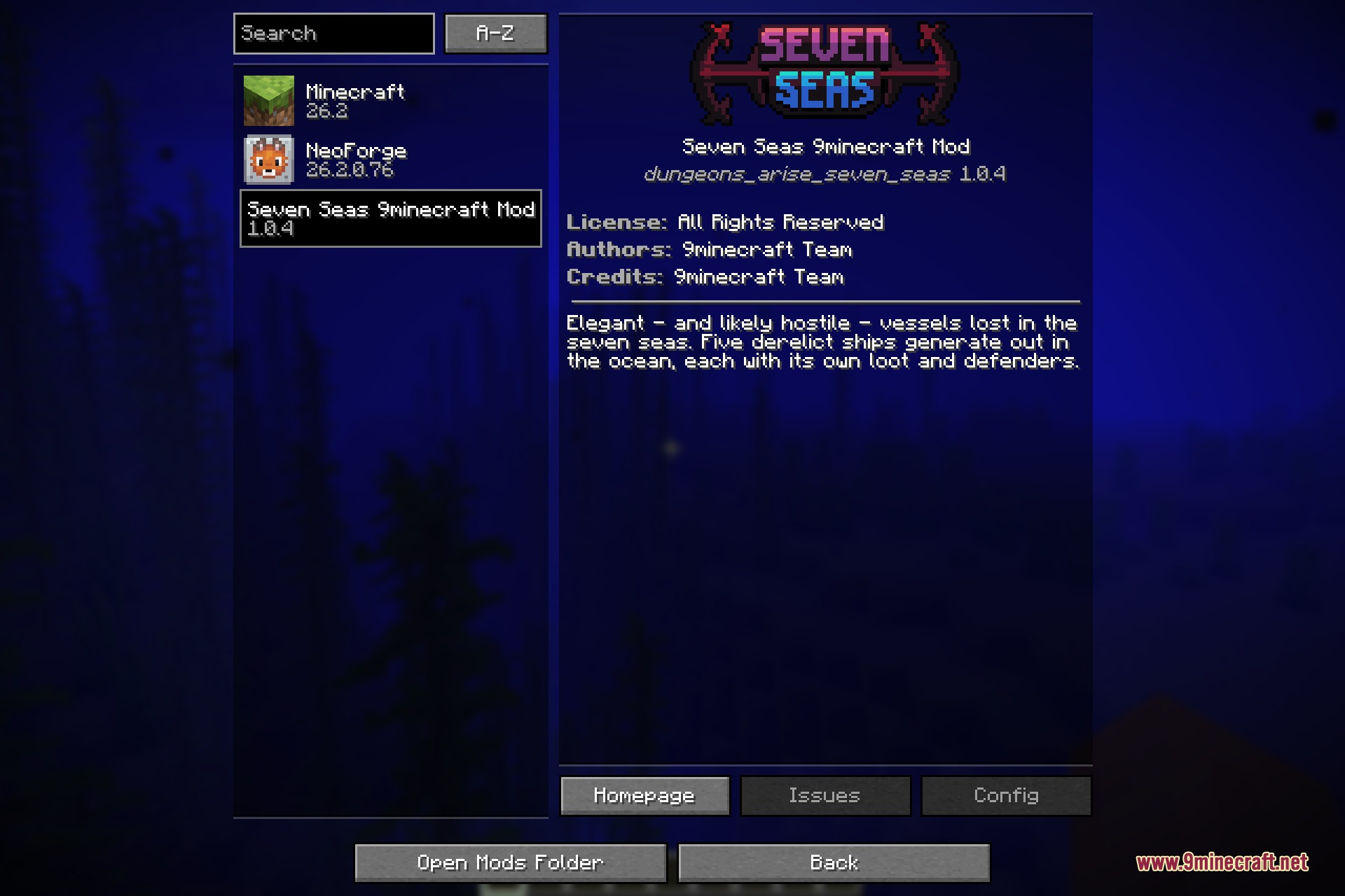 The Seven Seas entry in the Minecraft mods list