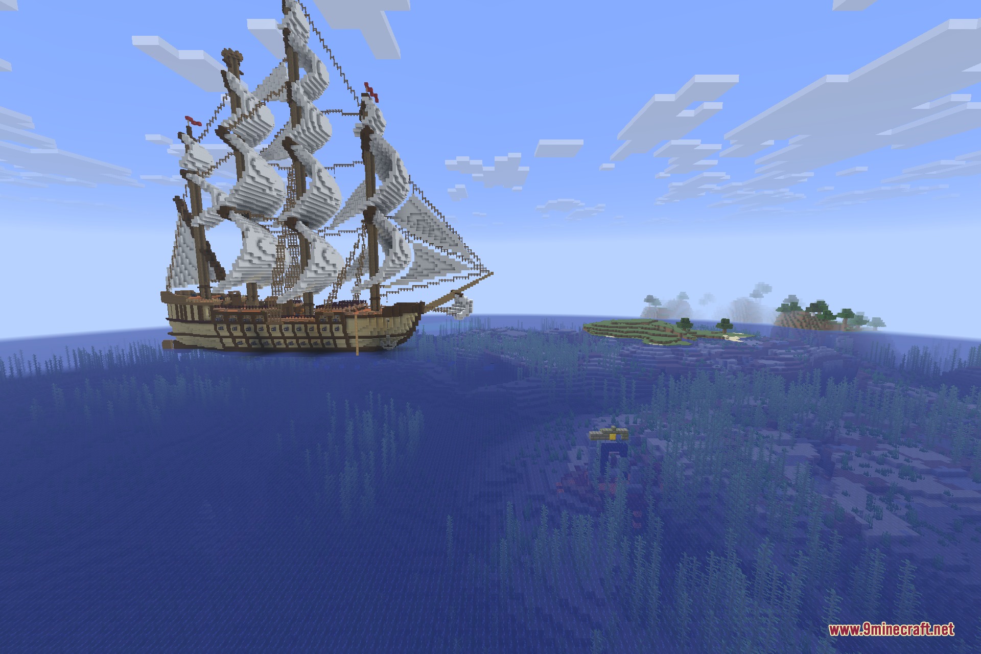A three-masted frigate riding at anchor far from any shore