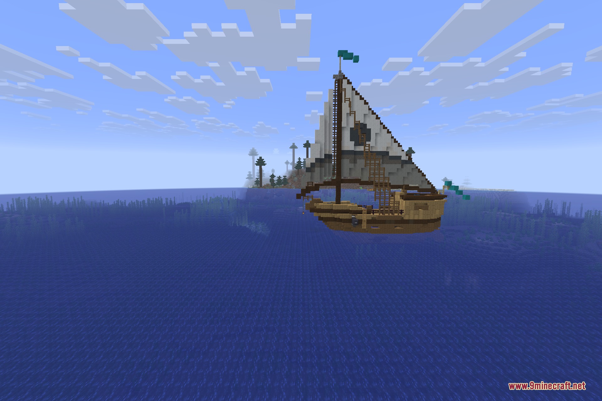 A small yacht adrift in the middle of the ocean