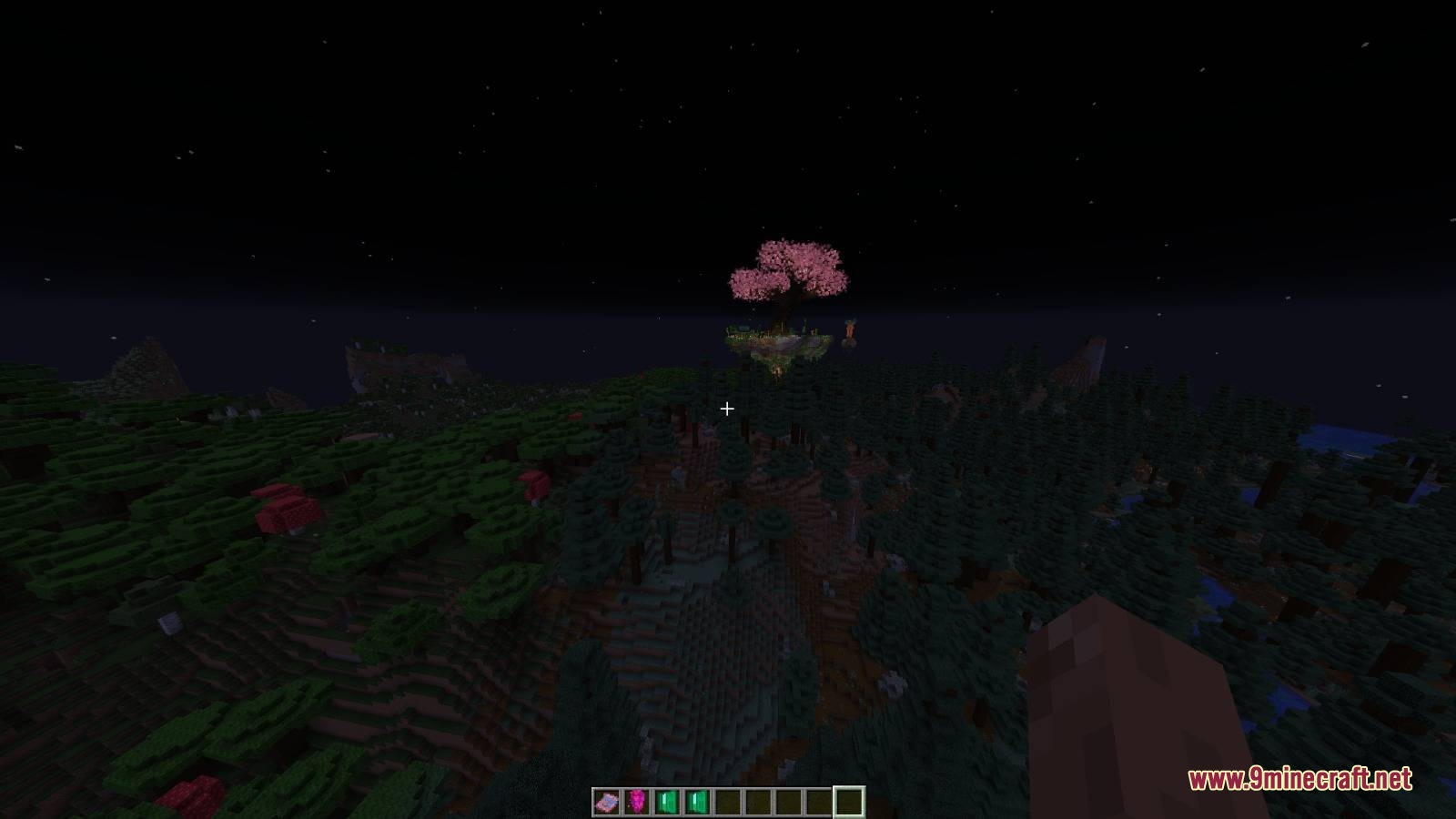 Shrine Sanctuary Ethereal Mod Screenshot 2 A floating island with a cherry tree seen during the night in Minecraft