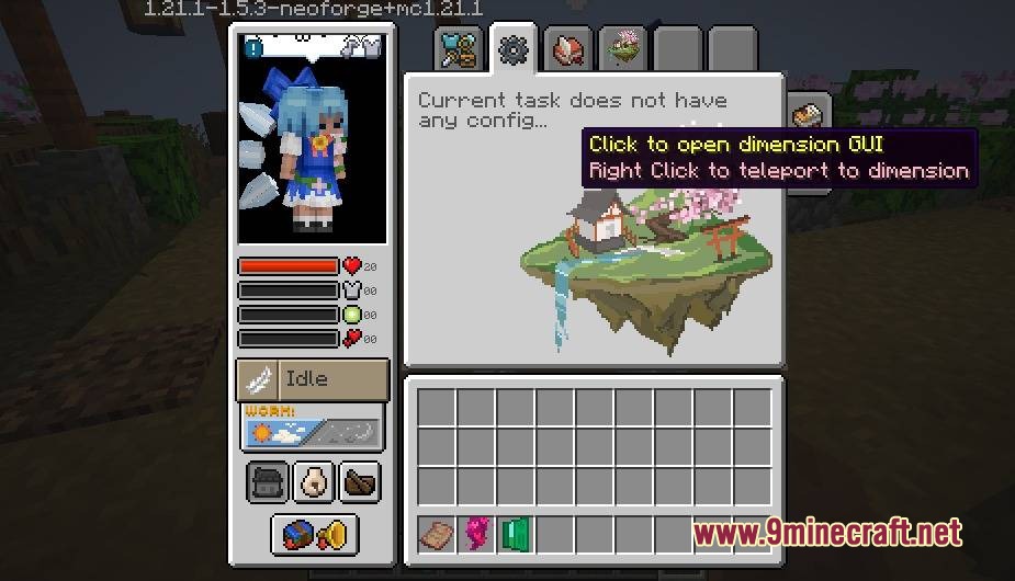 Shrine Sanctuary Ethereal Mod Screenshot 5 Maid interface displaying character stats and a floating island for personal dimensions