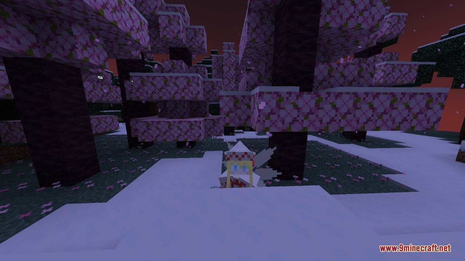 Shrine Sanctuary Ethereal Mod Screenshot 7 A maid character standing in a snowy forest of pink cherry blossom trees