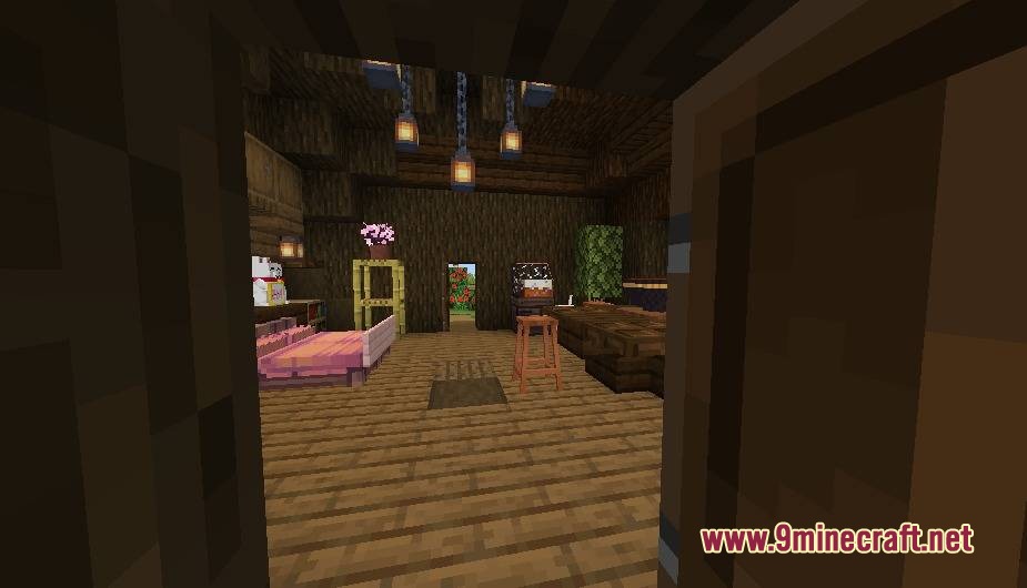 Shrine Sanctuary Ethereal Mod Screenshot 8 Cozy interior of a wooden house featuring a pink bed and hanging lanterns