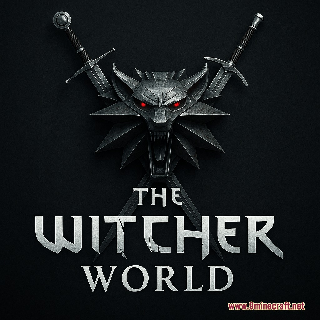 The Witcher World logo featuring a metallic wolf head and crossed swords