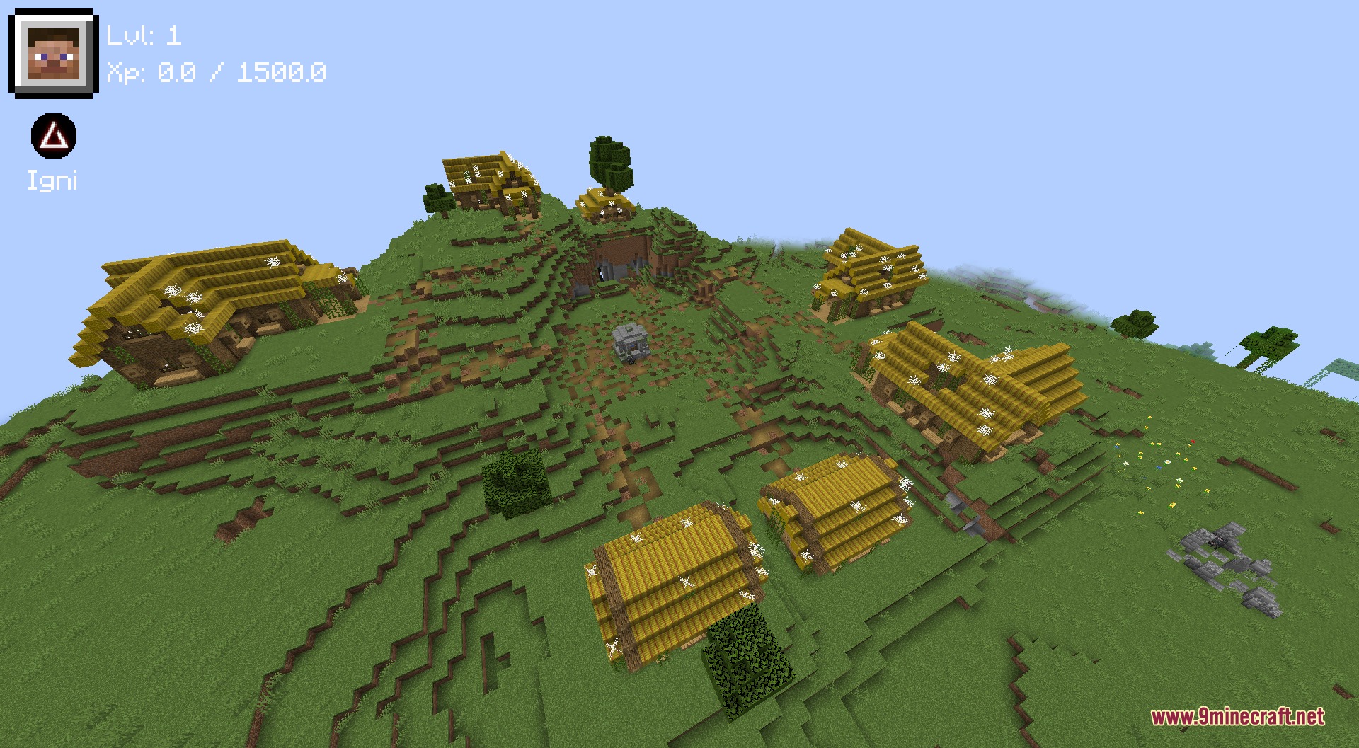 Signcast Monster Hunter Mod interface showing level and magic signs over a village