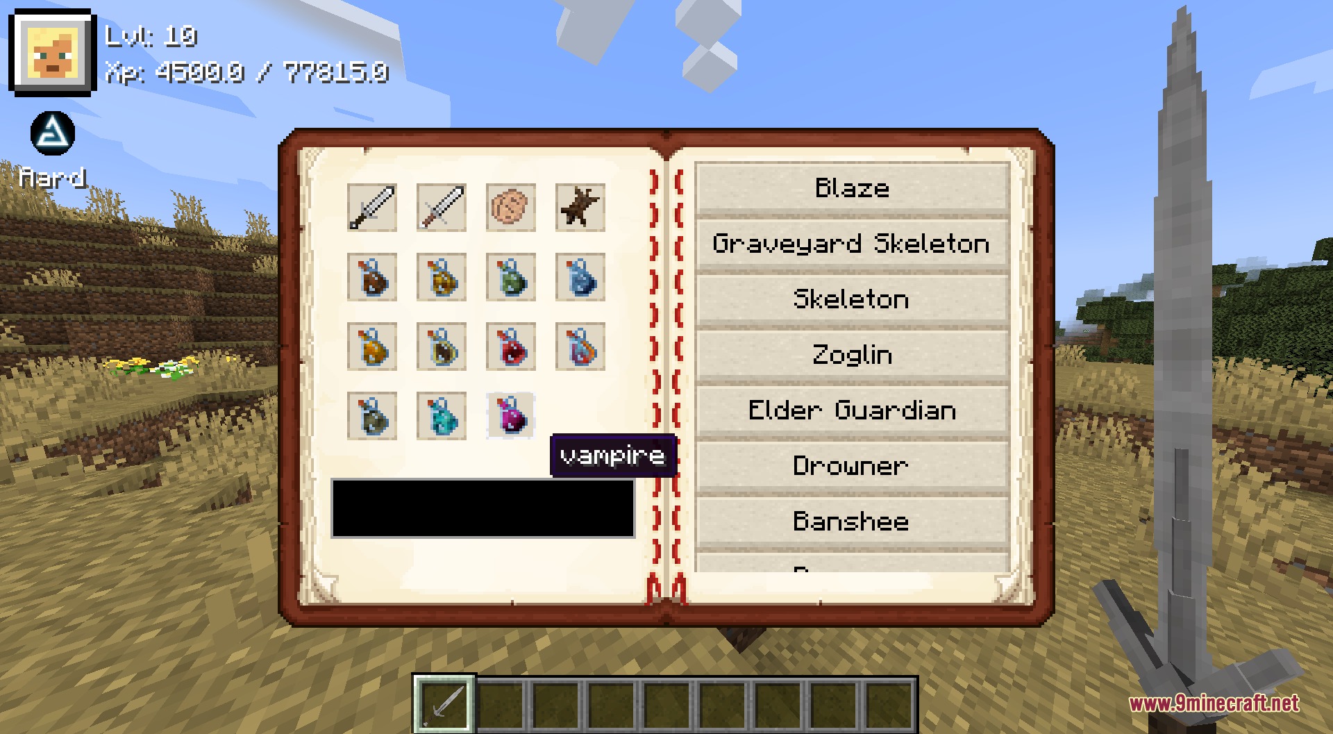 A player opens a monster bestiary book to view different creature types