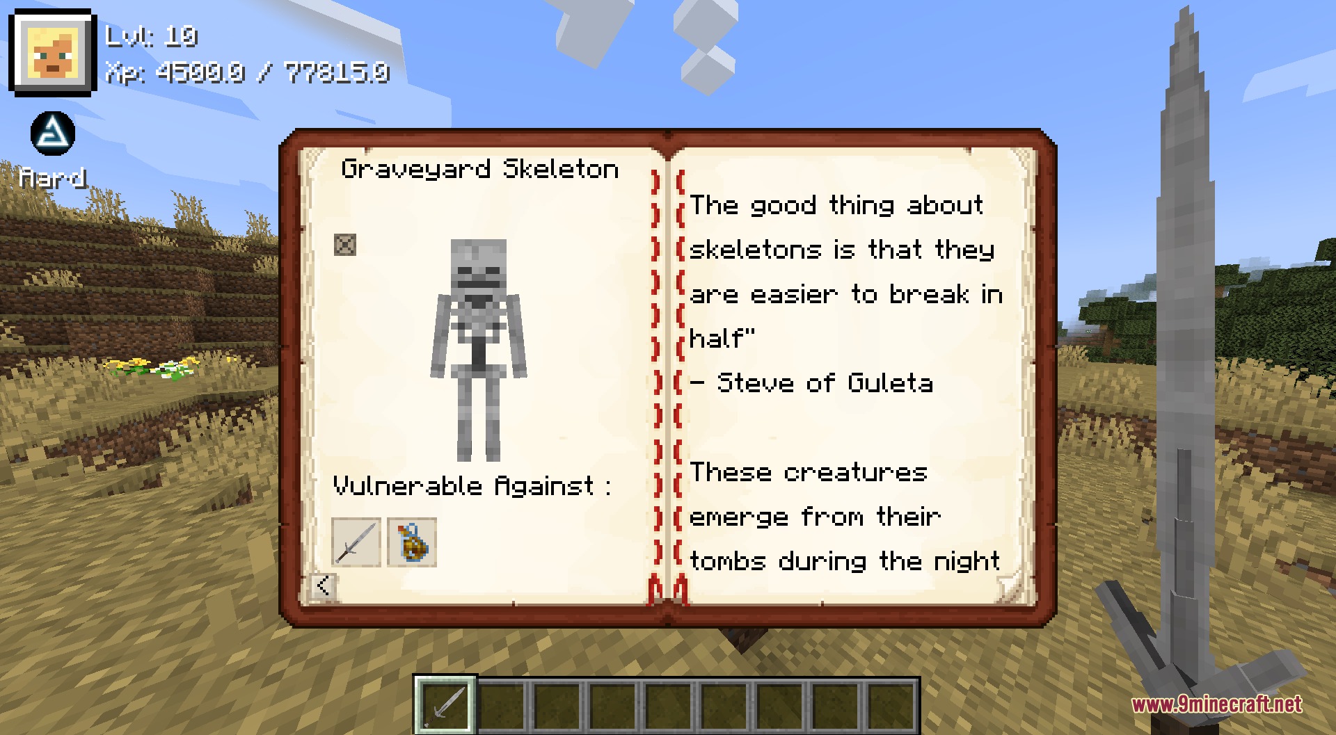 Signcast Monster Hunter Mod bestiary page showing Graveyard Skeleton stats and lore