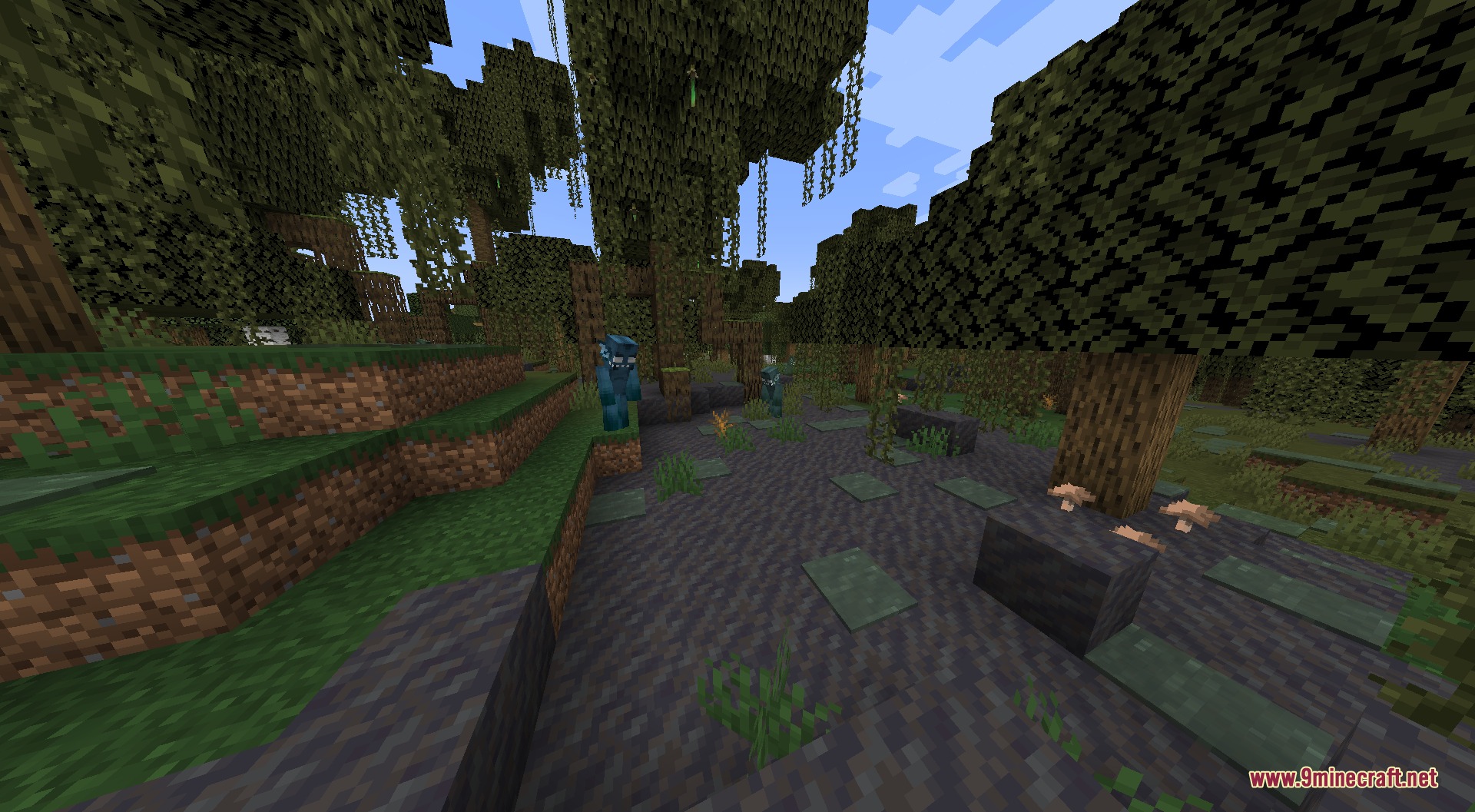 Blue monsters wandering through a dark swamp biome with hanging vines and mushrooms