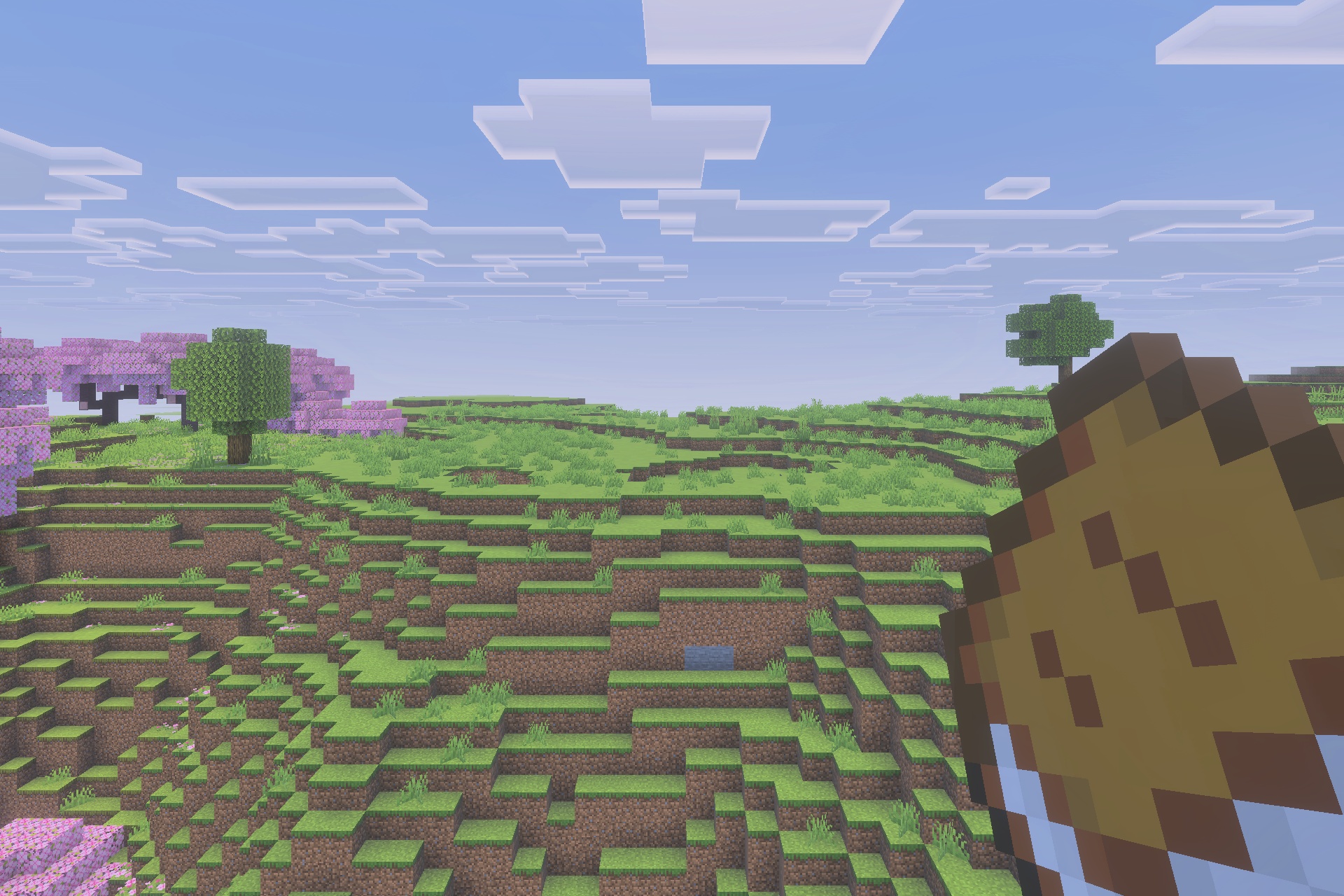A player holds a Simple Backpack item while exploring a cherry blossom biome