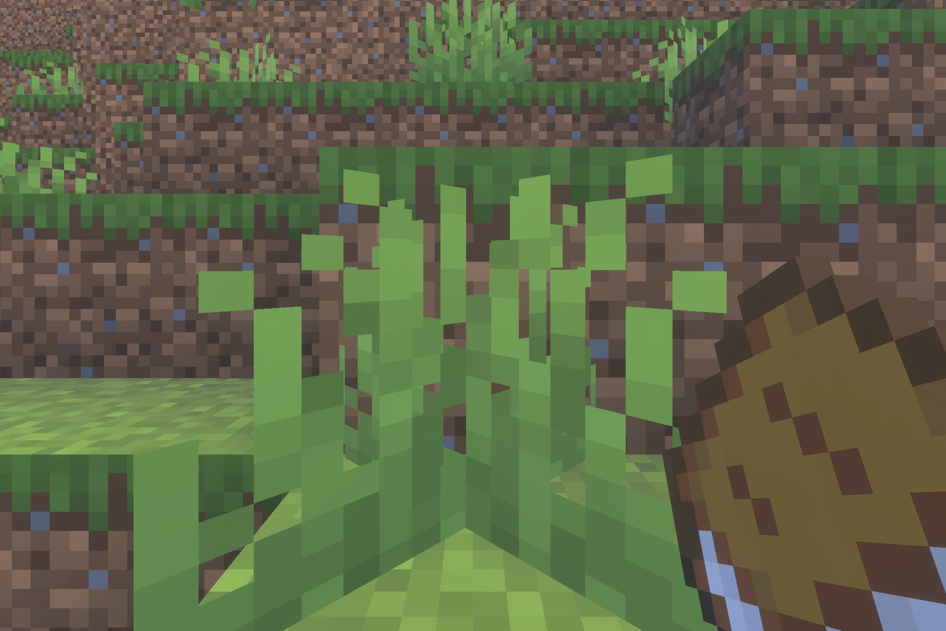 Close up view of a player holding a brown backpack item near grass