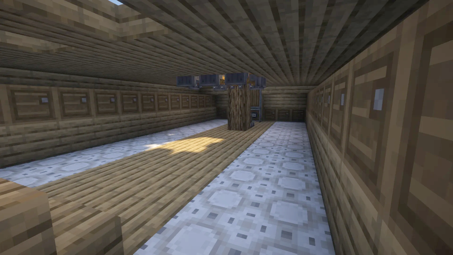 Interior view of a wooden ship cargo hold with white patterned floors