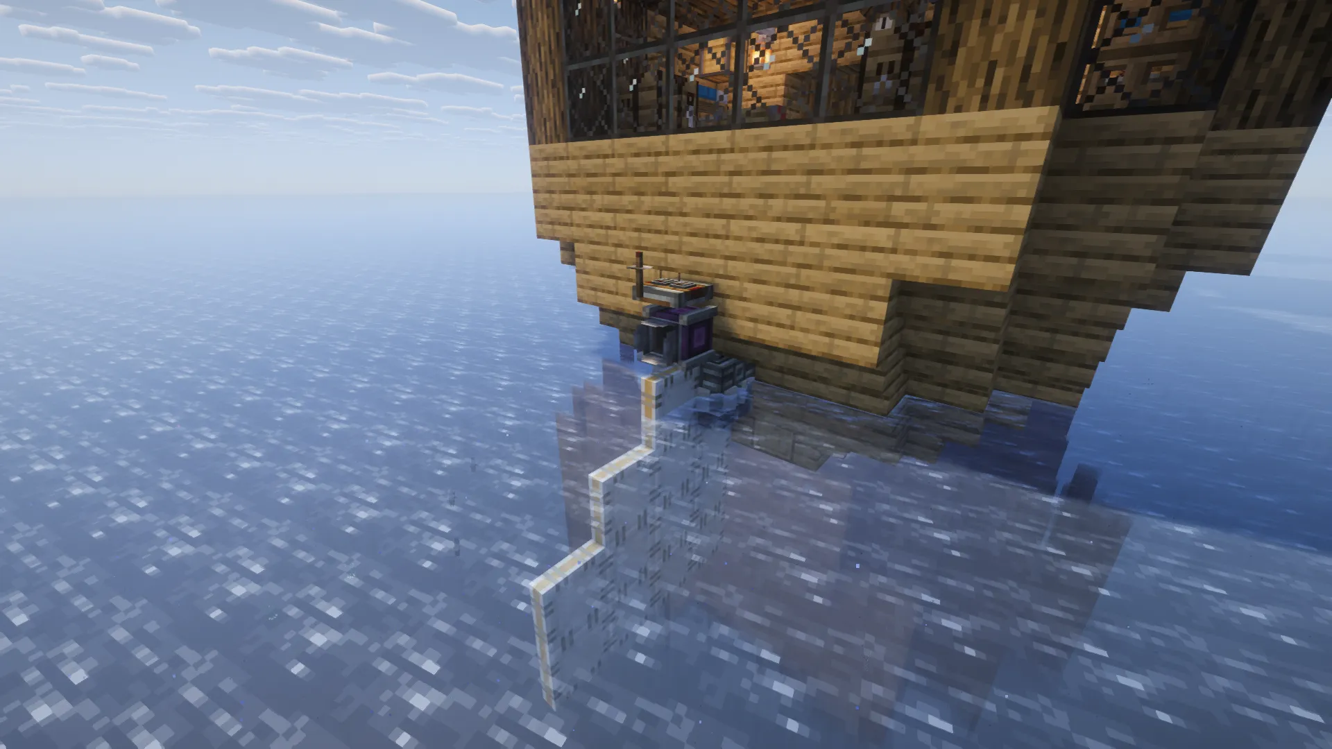 Close up of a mechanical thruster attached to the wooden ship hull