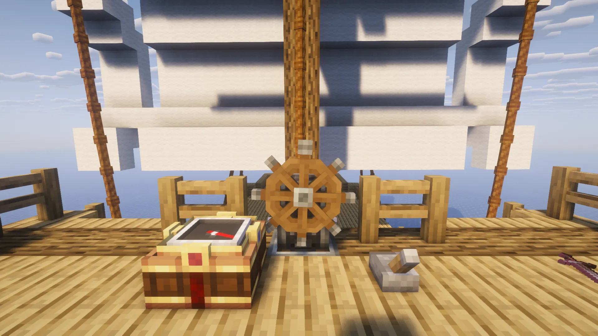 Close up of the steering wheel and lever on the ship deck