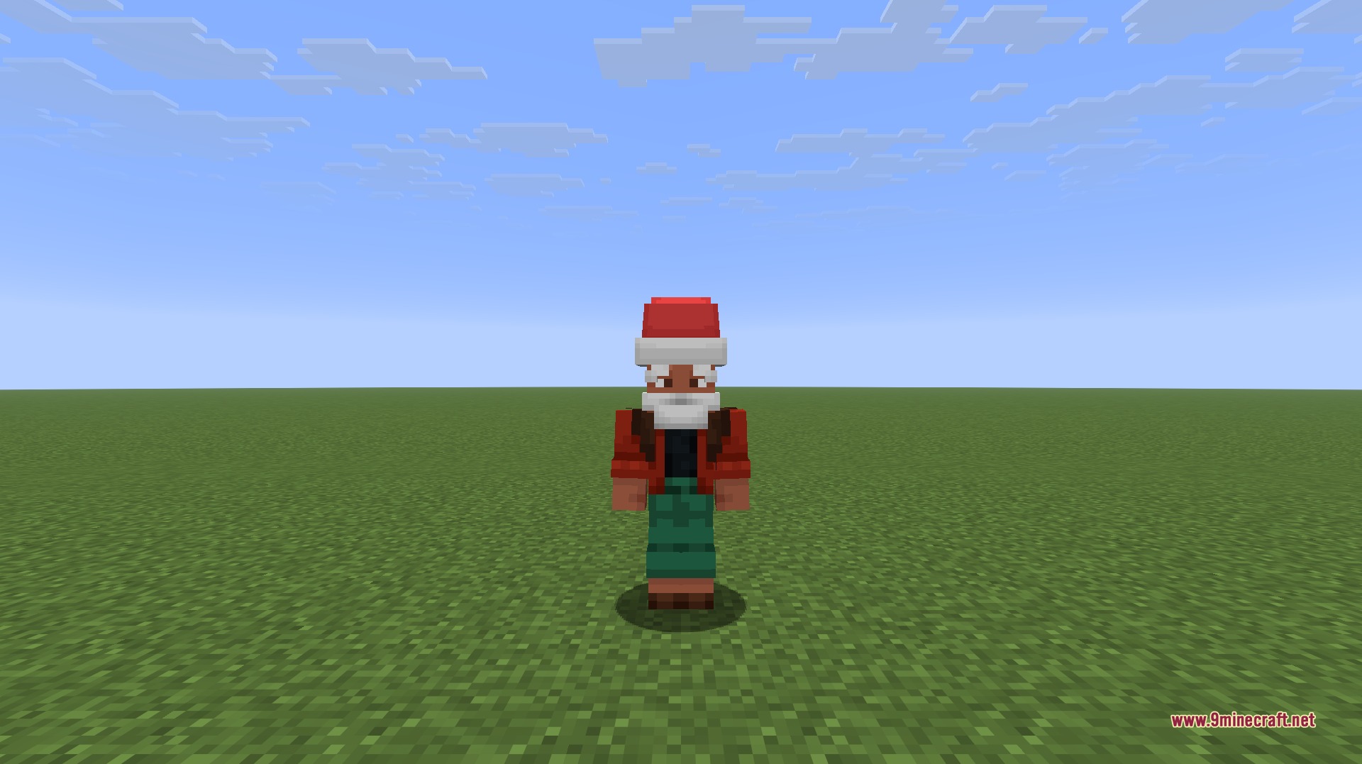 Minecraft character wearing a Santa hat and beard in a flat world